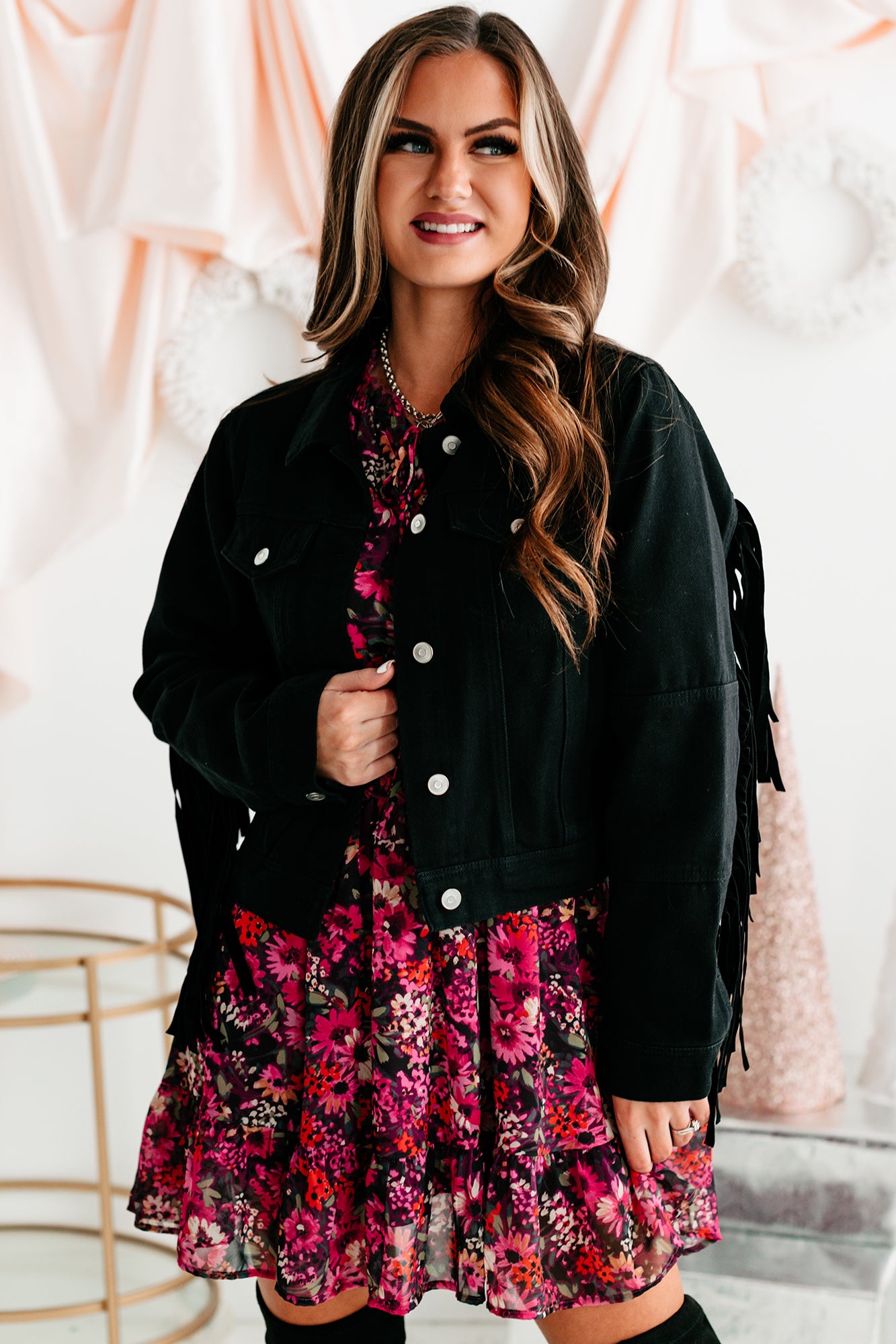 Shake It Fringe Detail Denim Jacket (Black)-The Formal Wear