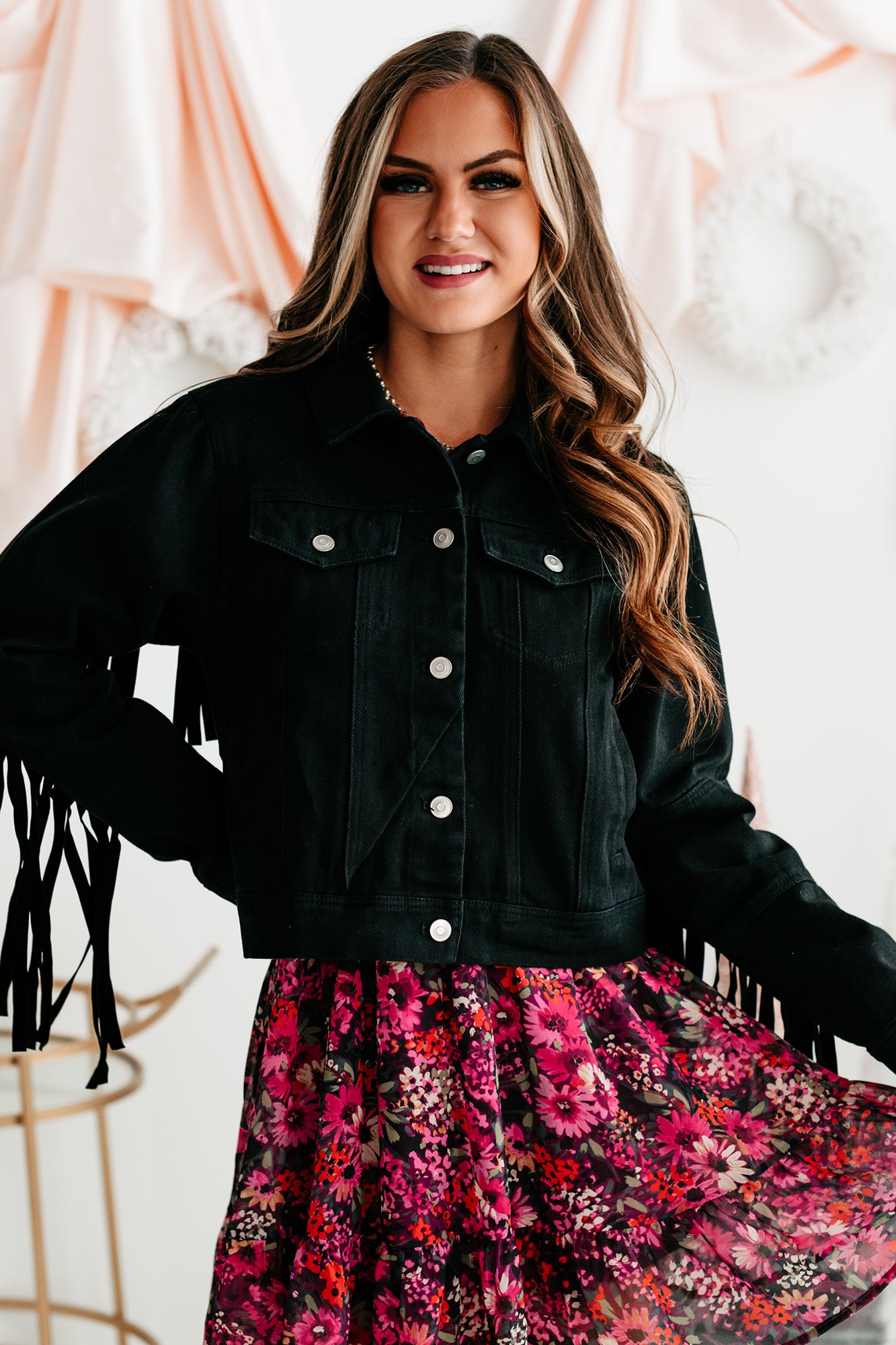 Shake It Fringe Detail Denim Jacket (Black)-The Formal Wear