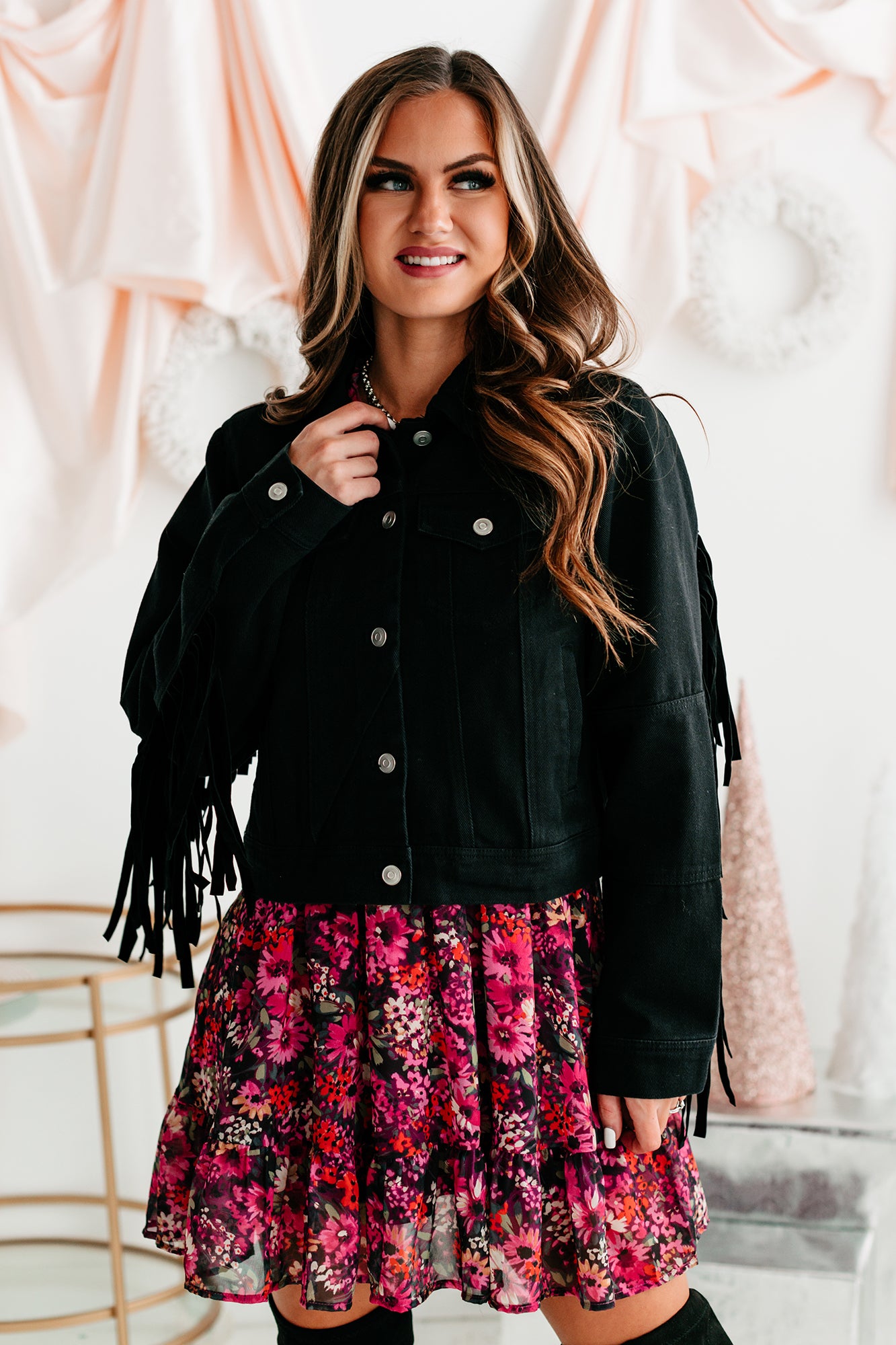 Shake It Fringe Detail Denim Jacket (Black)-The Formal Wear