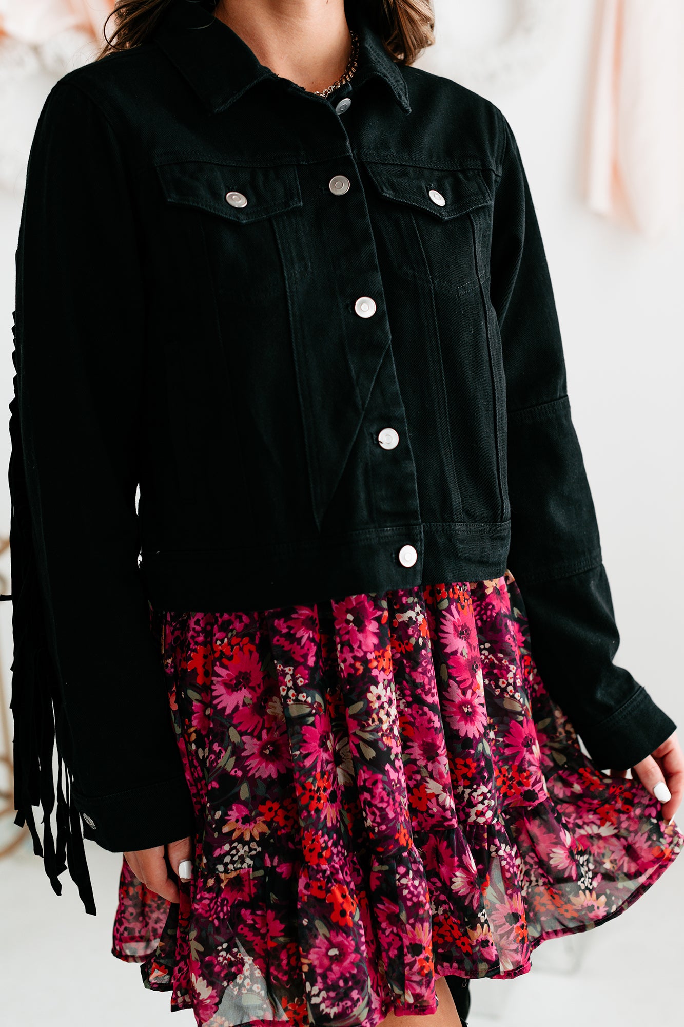 Shake It Fringe Detail Denim Jacket (Black)-The Formal Wear