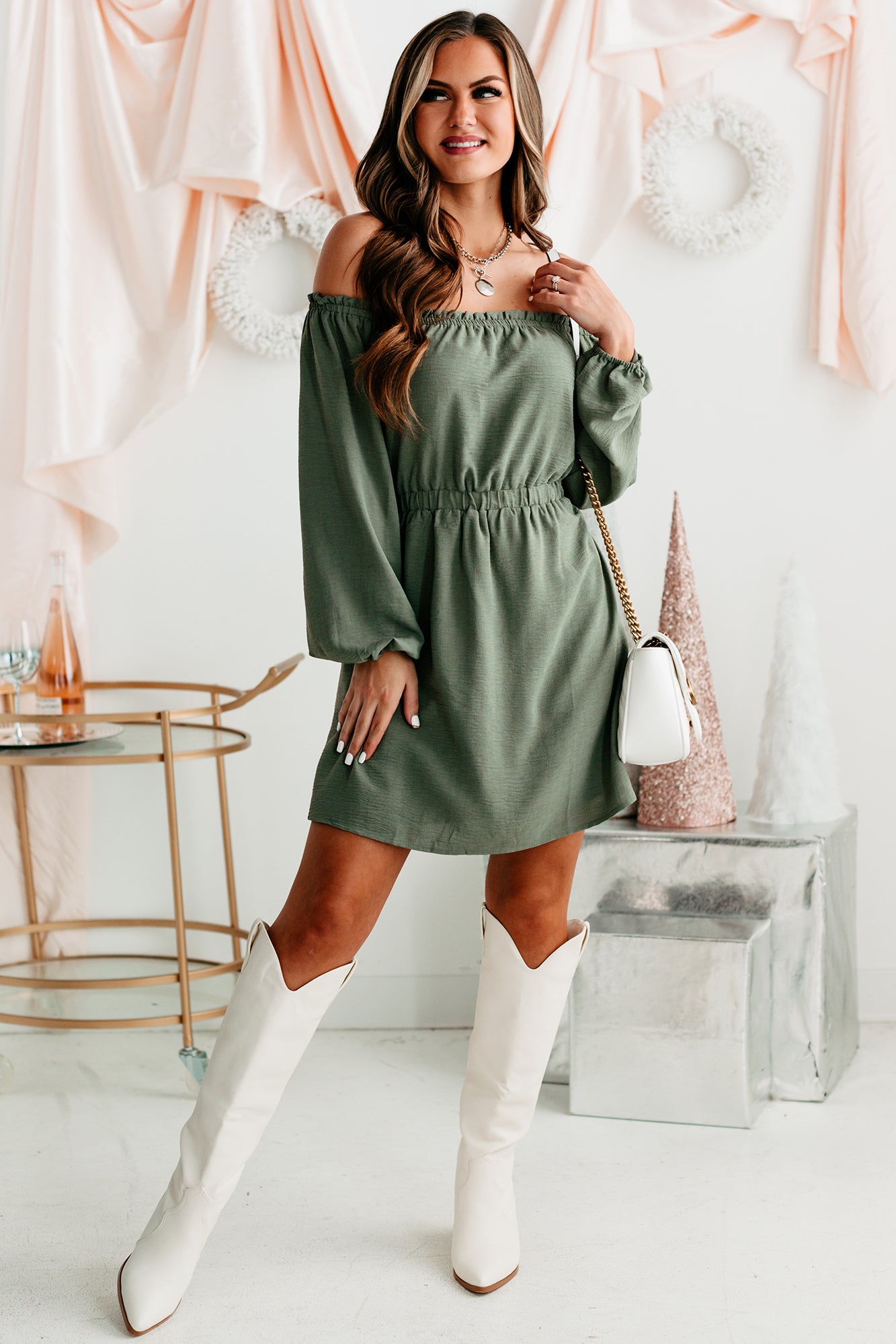 Middle Of Time Open Back Off The Shoulder Dress (Olive)-The Formal Wear