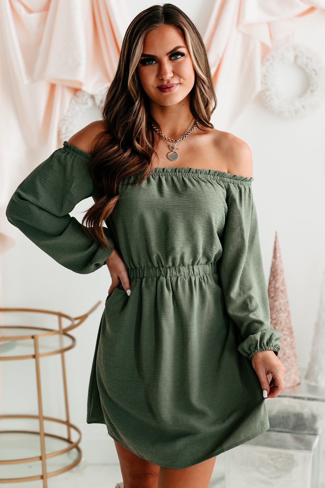 Middle Of Time Open Back Off The Shoulder Dress (Olive)-The Formal Wear