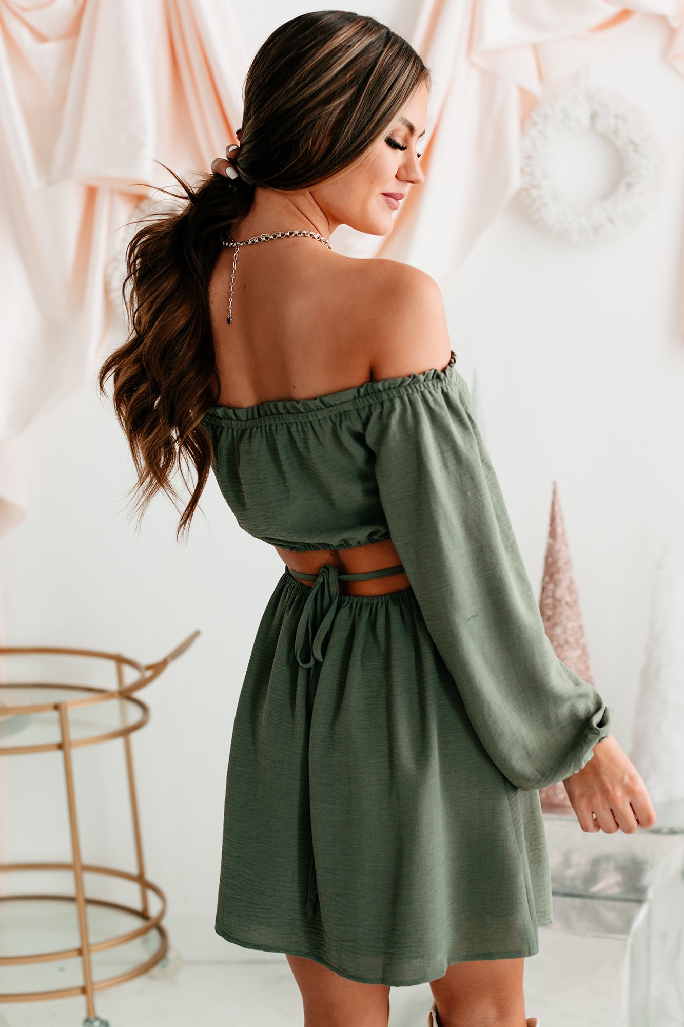 Middle Of Time Open Back Off The Shoulder Dress (Olive)-The Formal Wear