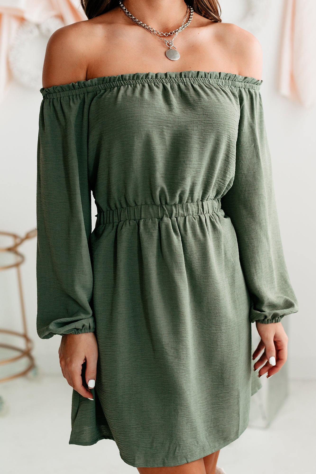 Middle Of Time Open Back Off The Shoulder Dress (Olive)-The Formal Wear