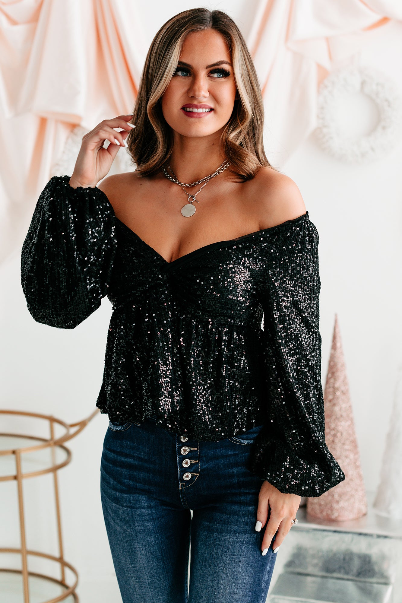 Sparkle & Shine Sequin Balloon Sleeve Top (Black)-The Formal Wear