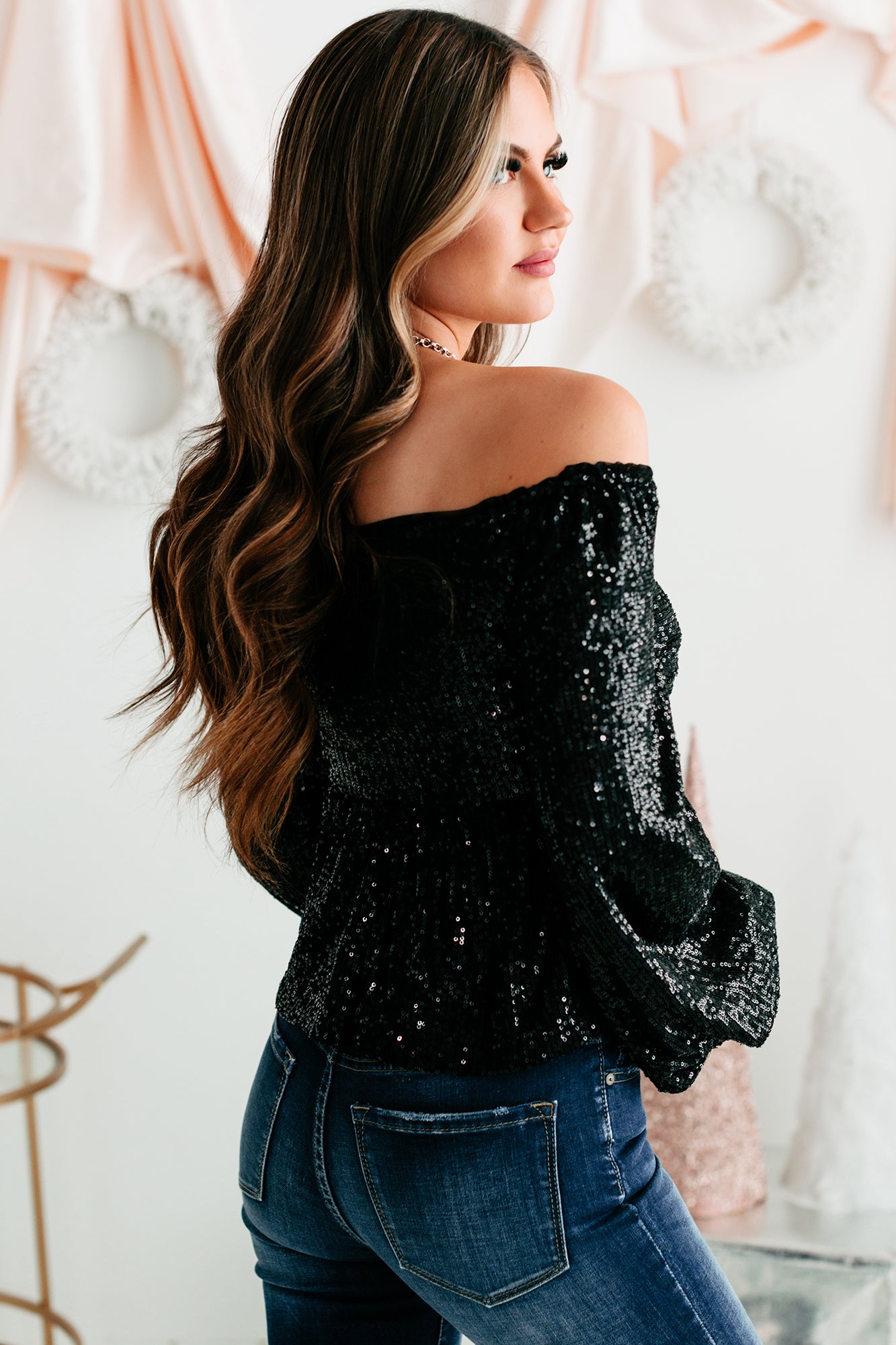 Sparkle & Shine Sequin Balloon Sleeve Top (Black)-The Formal Wear