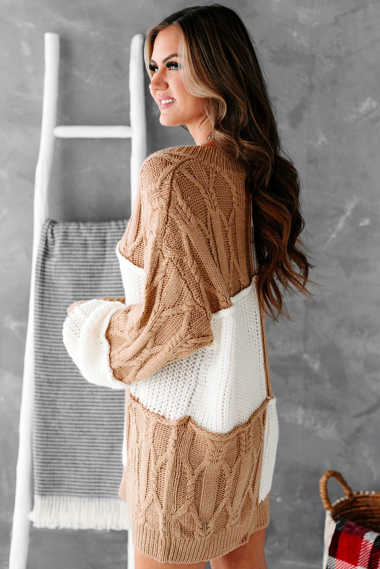 Dreamy In Patchwork Oversized Tunic Patchwork Sweater (Camel/Cream)-The Formal Wear