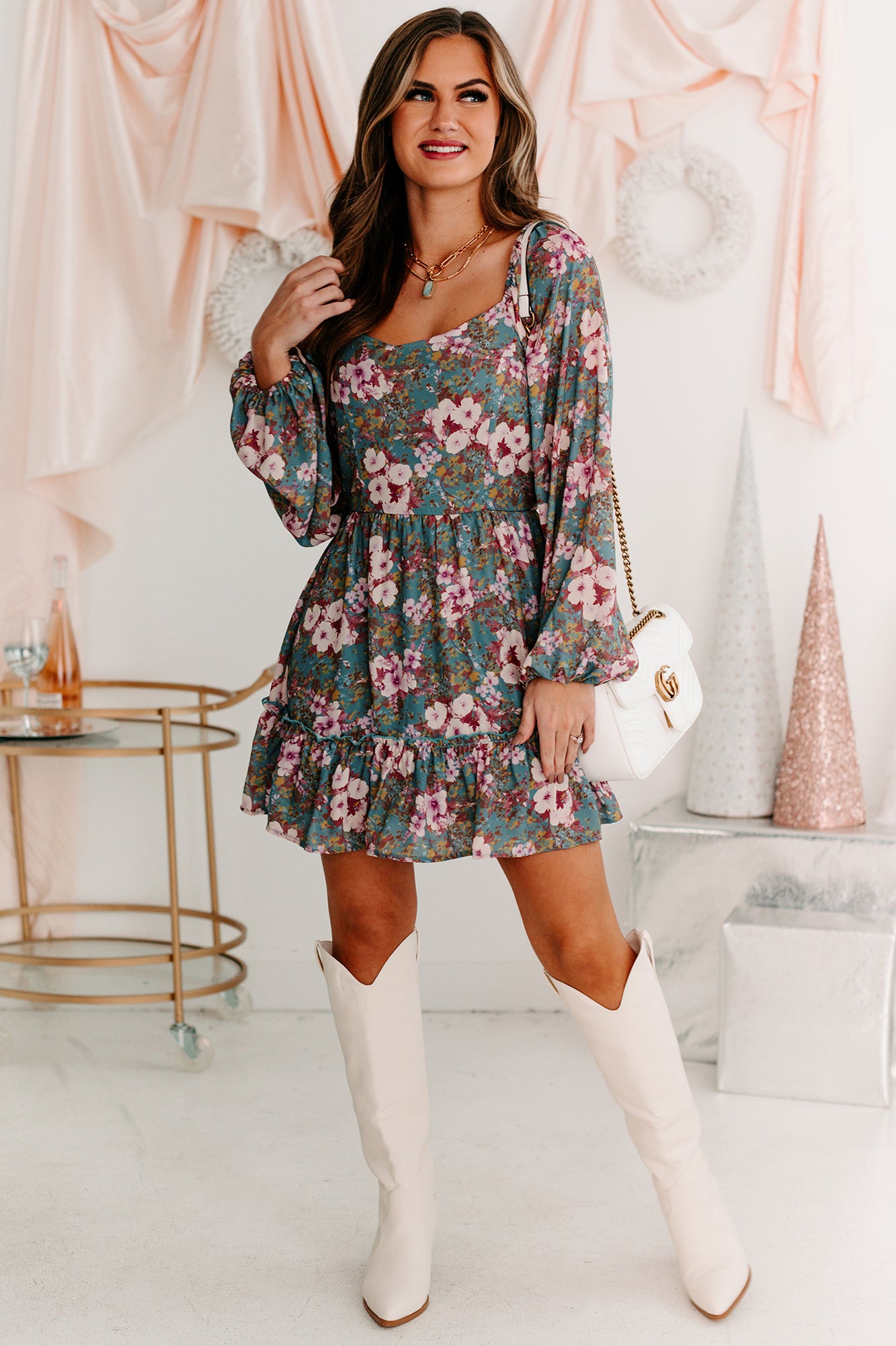 A Graceful Touch Floral Square Neck Dress (Teal/Plum)-The Formal Wear