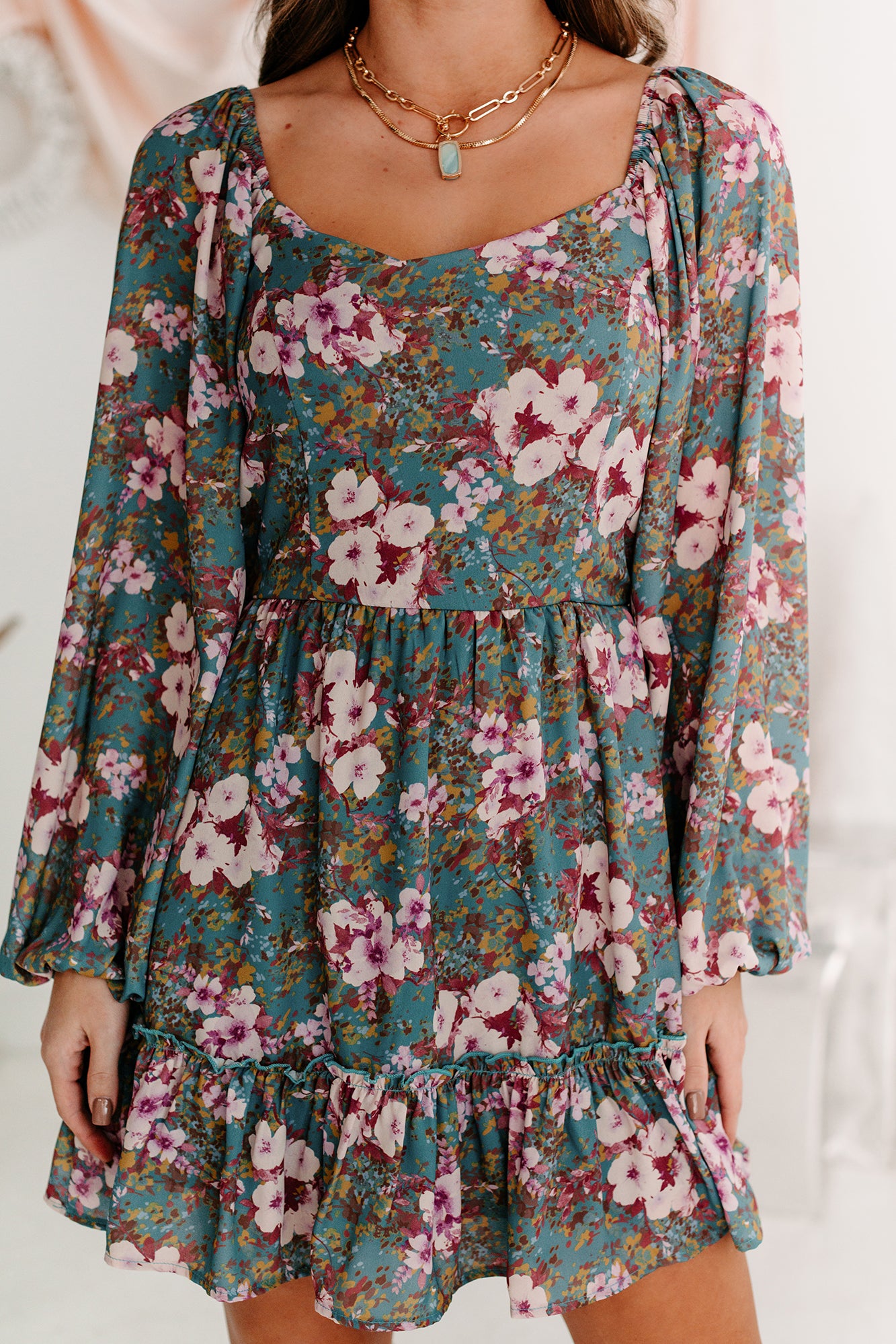 A Graceful Touch Floral Square Neck Dress (Teal/Plum)-The Formal Wear