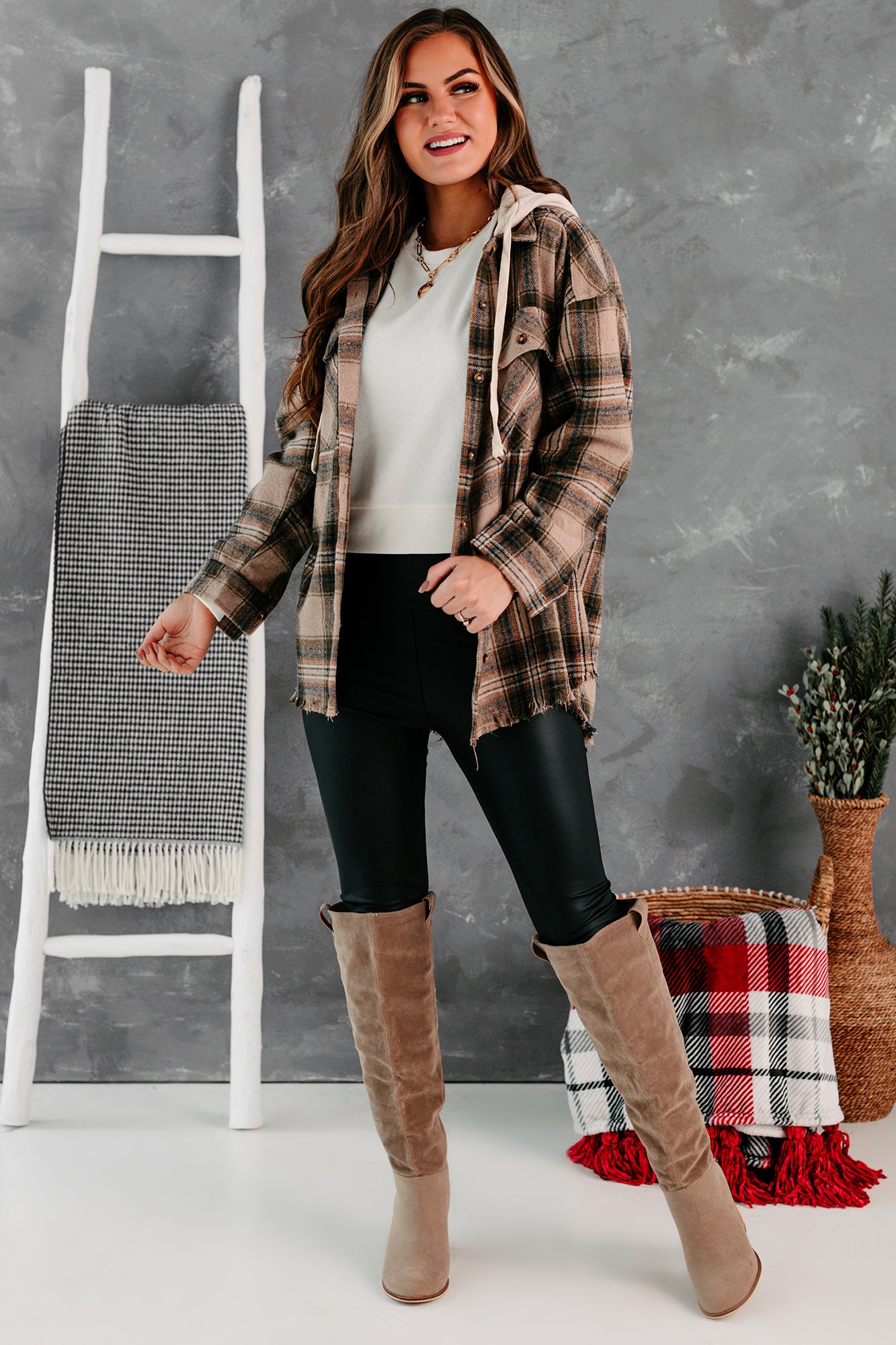 Real Talk Hooded Plaid Shacket (Mocha Mix)-The Formal Wear