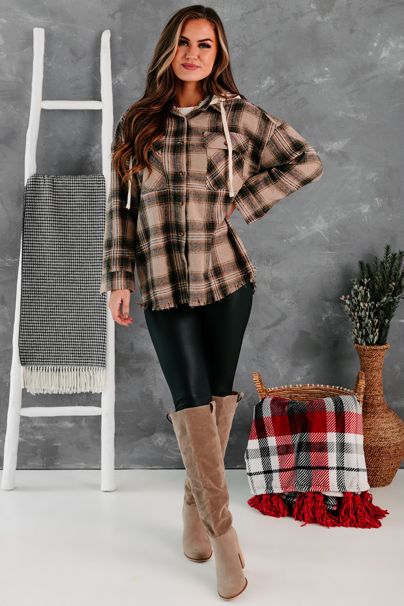 Real Talk Hooded Plaid Shacket (Mocha Mix)-The Formal Wear