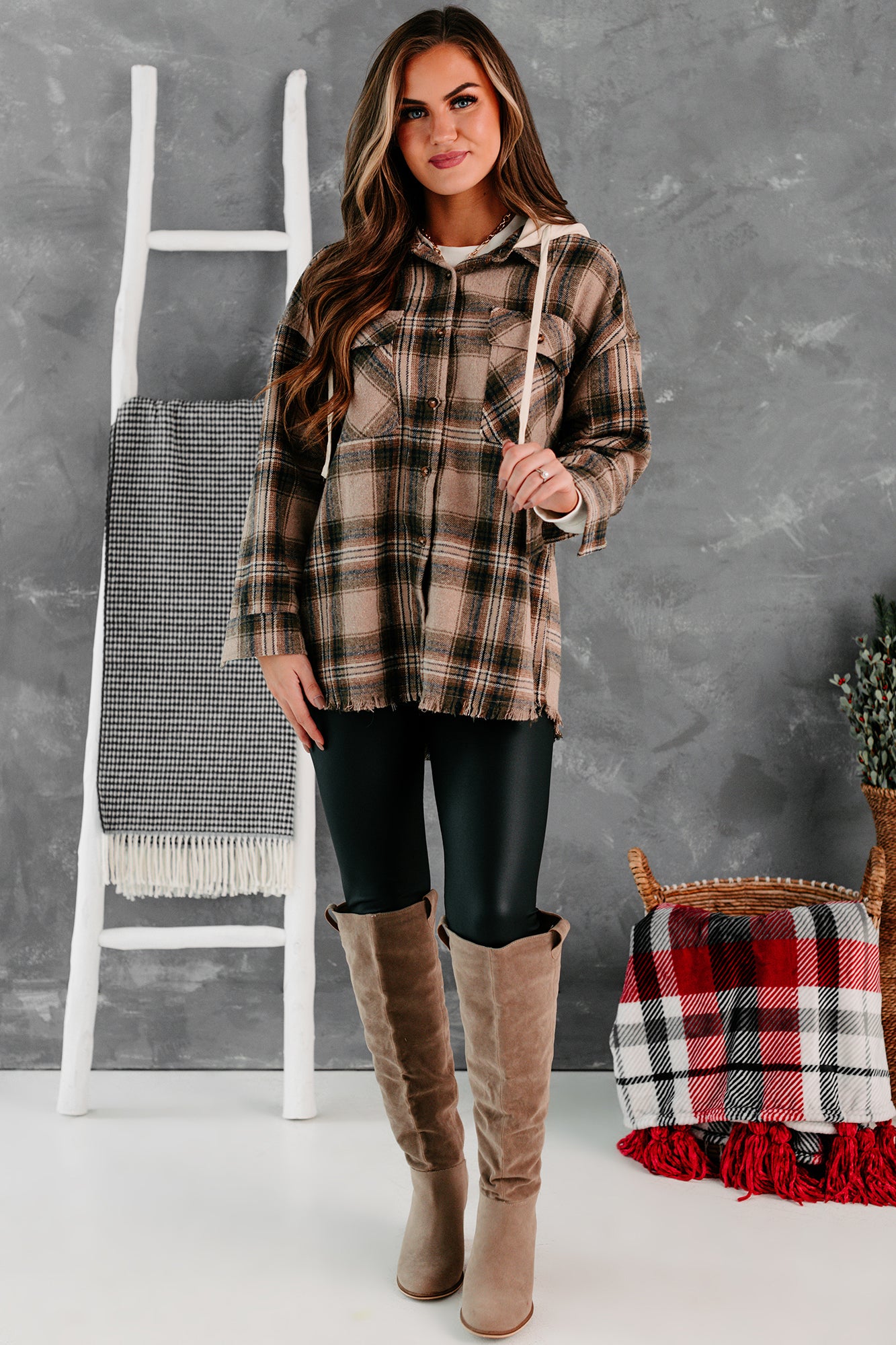 Real Talk Hooded Plaid Shacket (Mocha Mix)-The Formal Wear