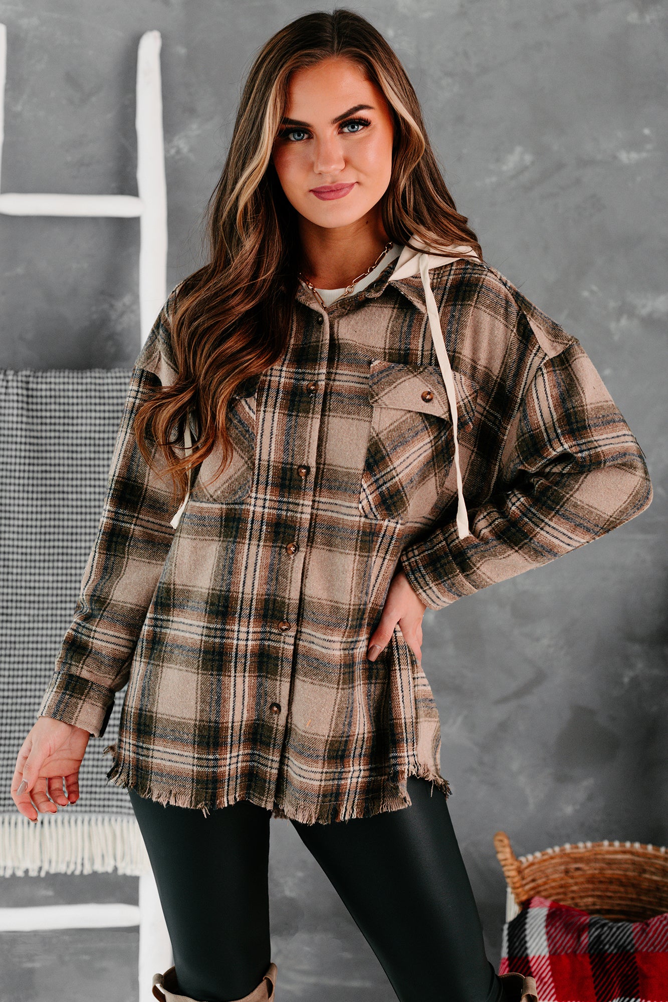 Real Talk Hooded Plaid Shacket (Mocha Mix)-The Formal Wear