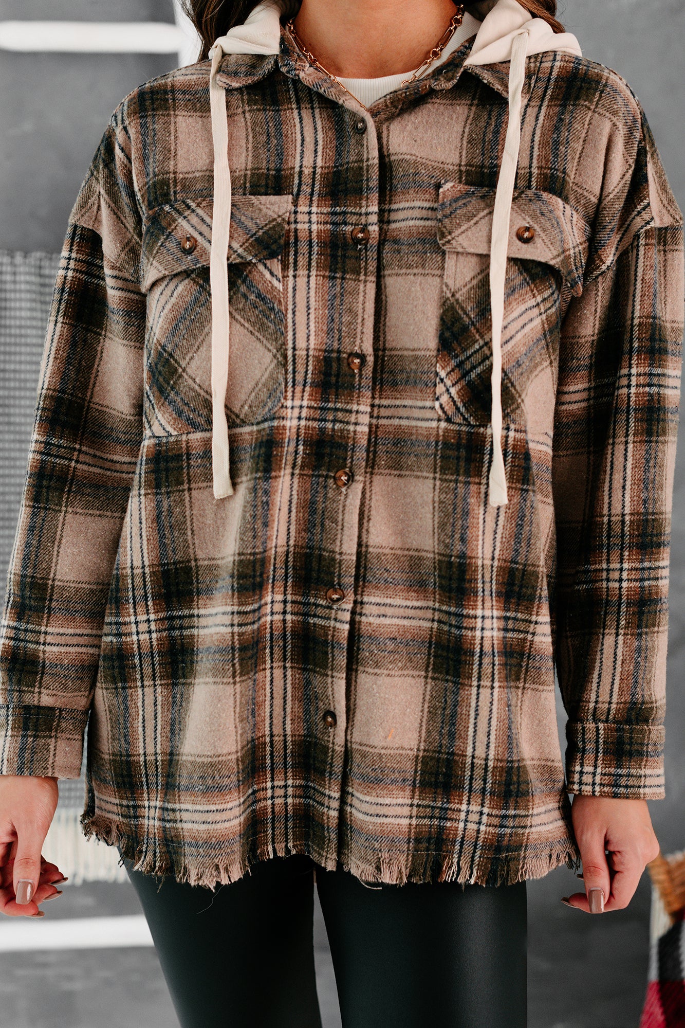 Real Talk Hooded Plaid Shacket (Mocha Mix)-The Formal Wear