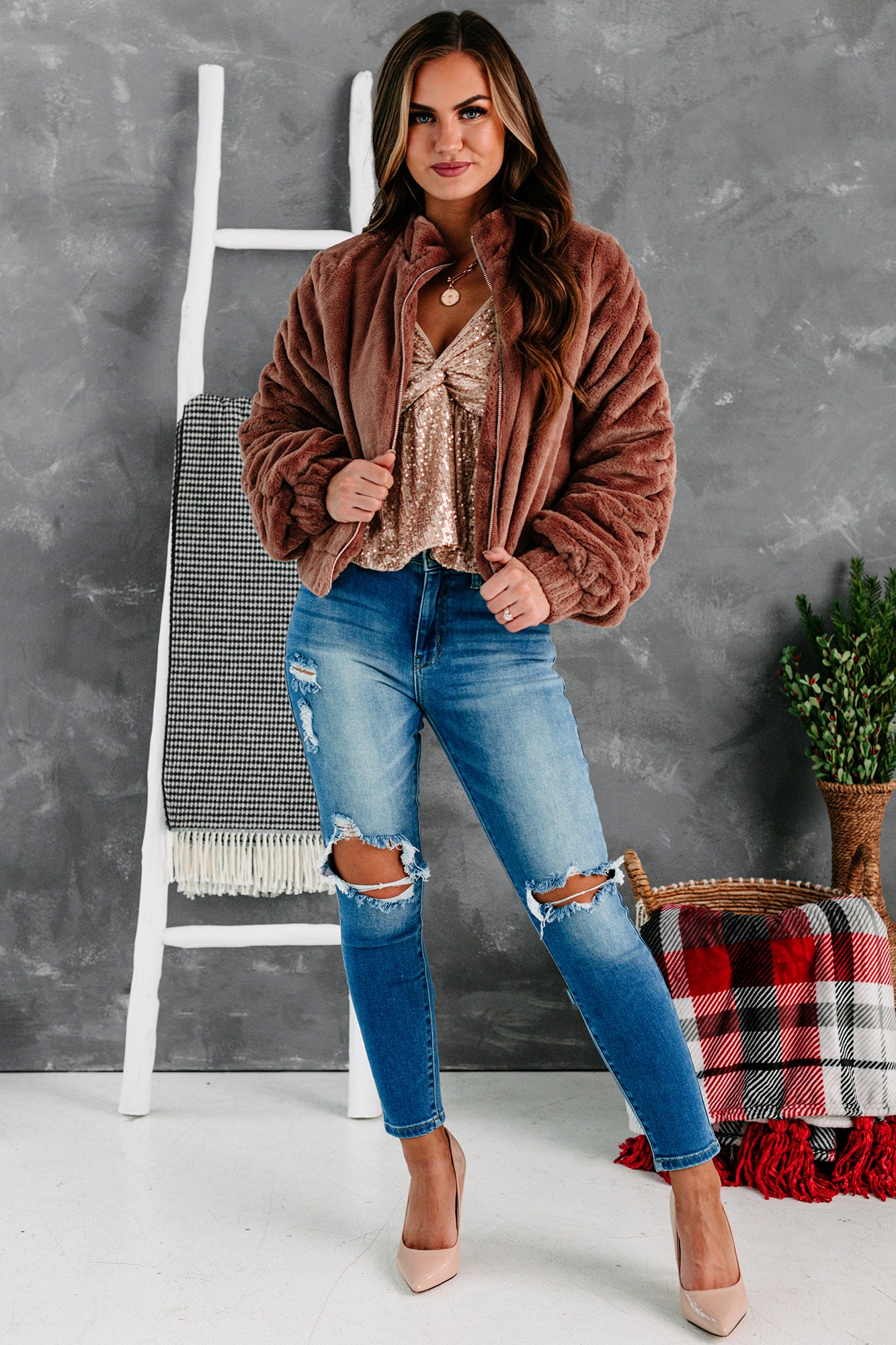 One Of The Cool Kids Ruched Faux Fur Jacket (Mauve)-The Formal Wear