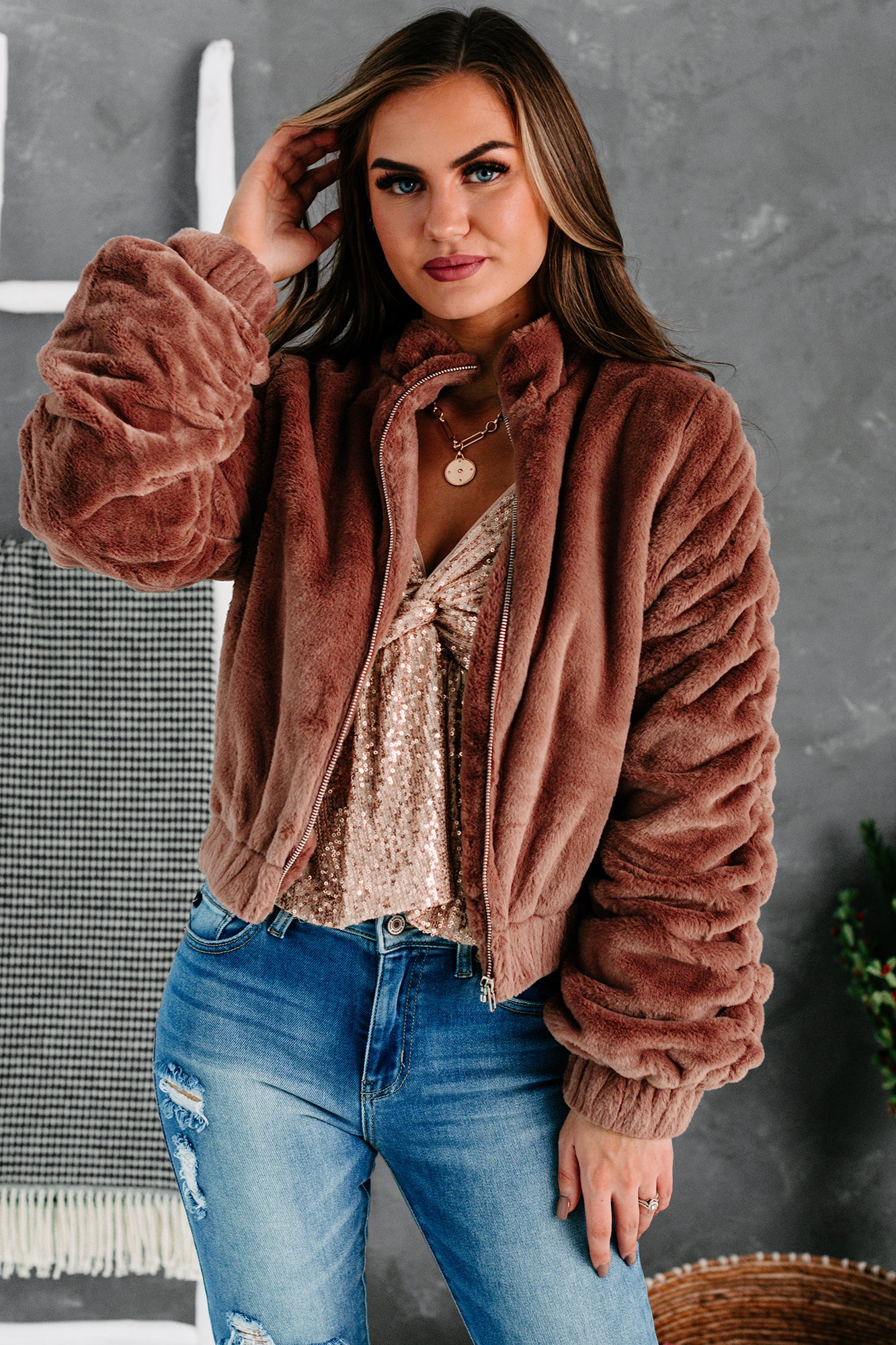 One Of The Cool Kids Ruched Faux Fur Jacket (Mauve)-The Formal Wear