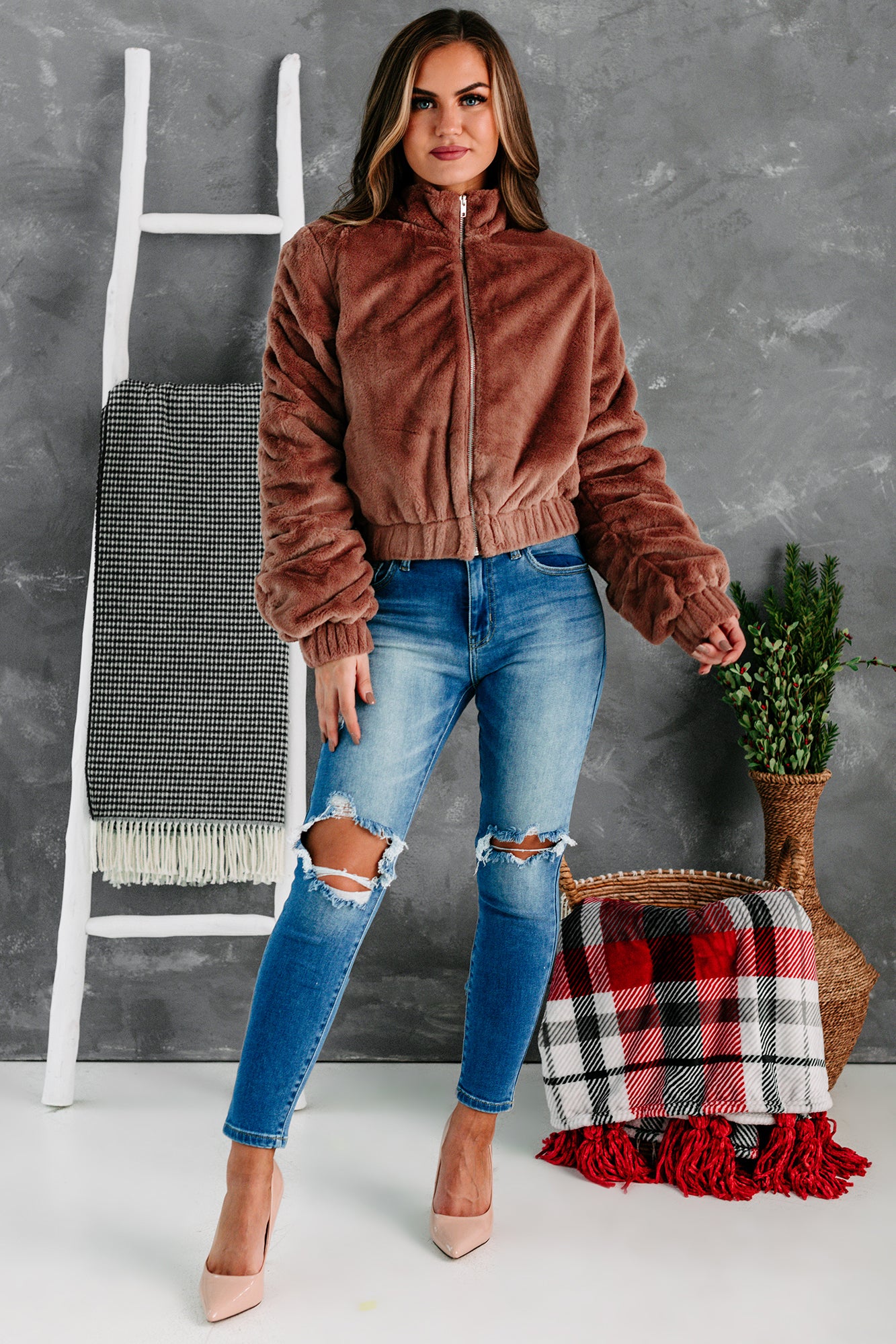 One Of The Cool Kids Ruched Faux Fur Jacket (Mauve)-The Formal Wear