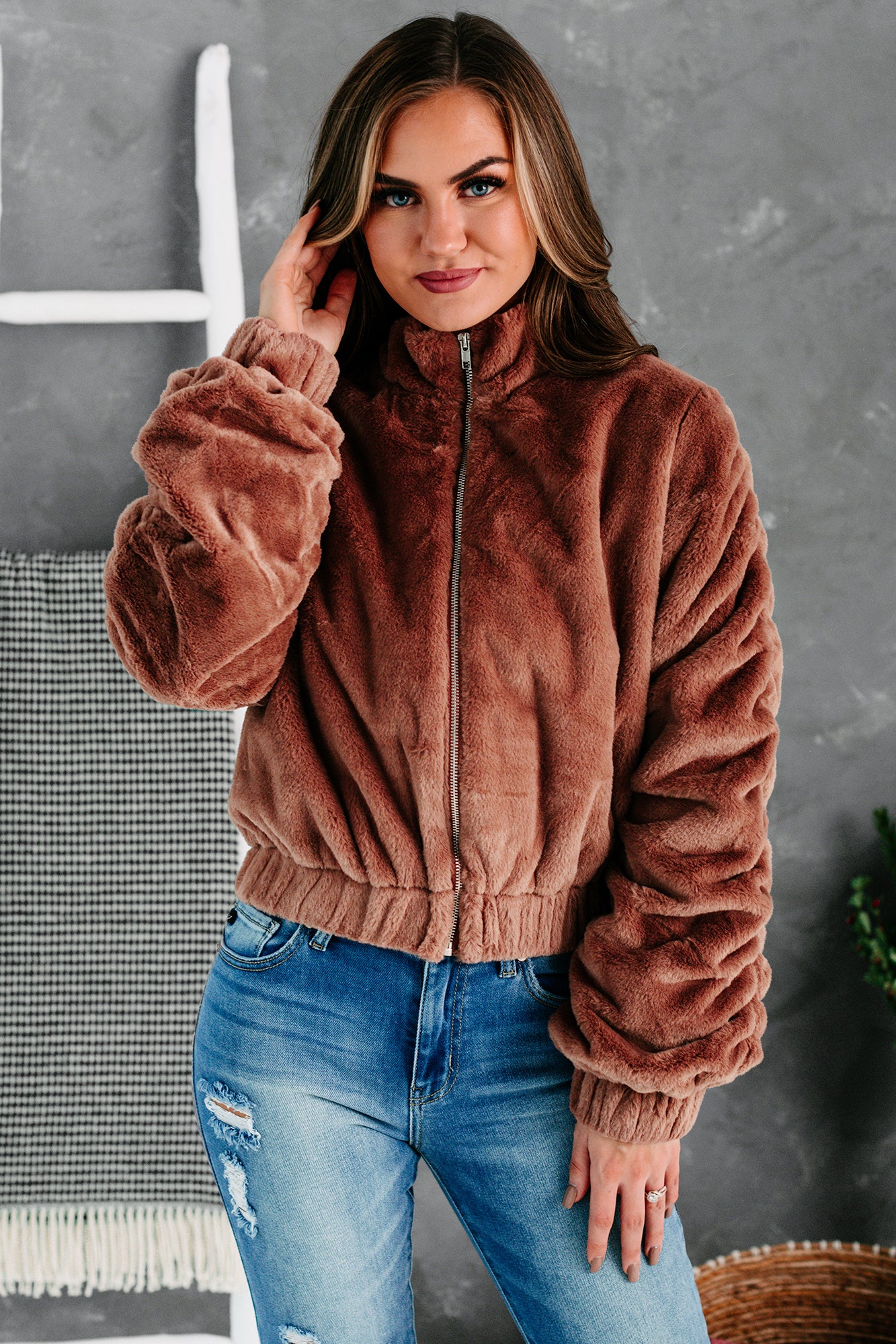 One Of The Cool Kids Ruched Faux Fur Jacket (Mauve)-The Formal Wear