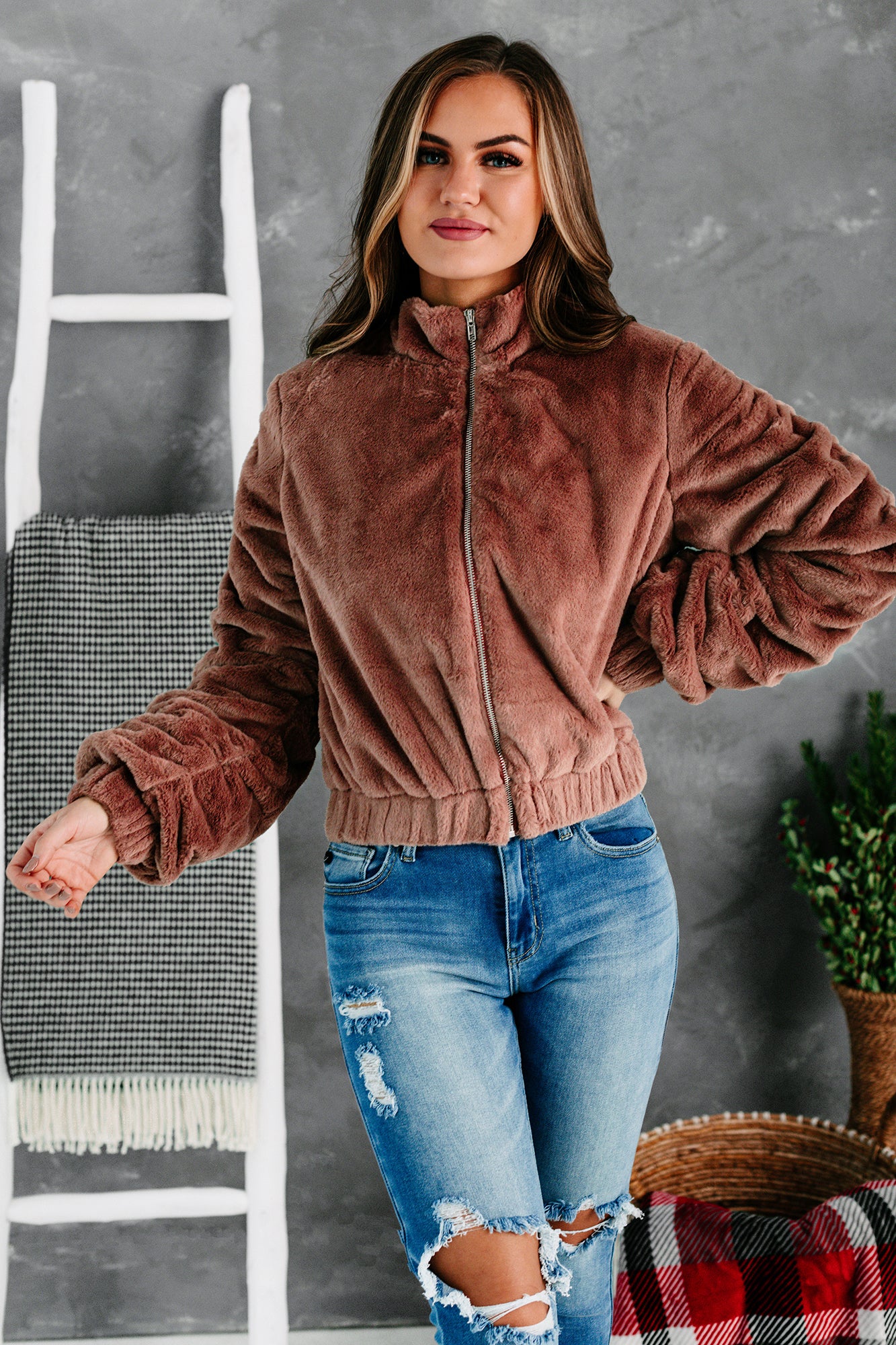 One Of The Cool Kids Ruched Faux Fur Jacket (Mauve)-The Formal Wear