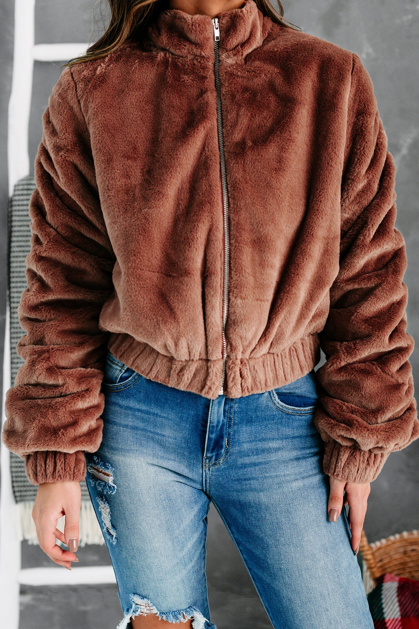 One Of The Cool Kids Ruched Faux Fur Jacket (Mauve)-The Formal Wear