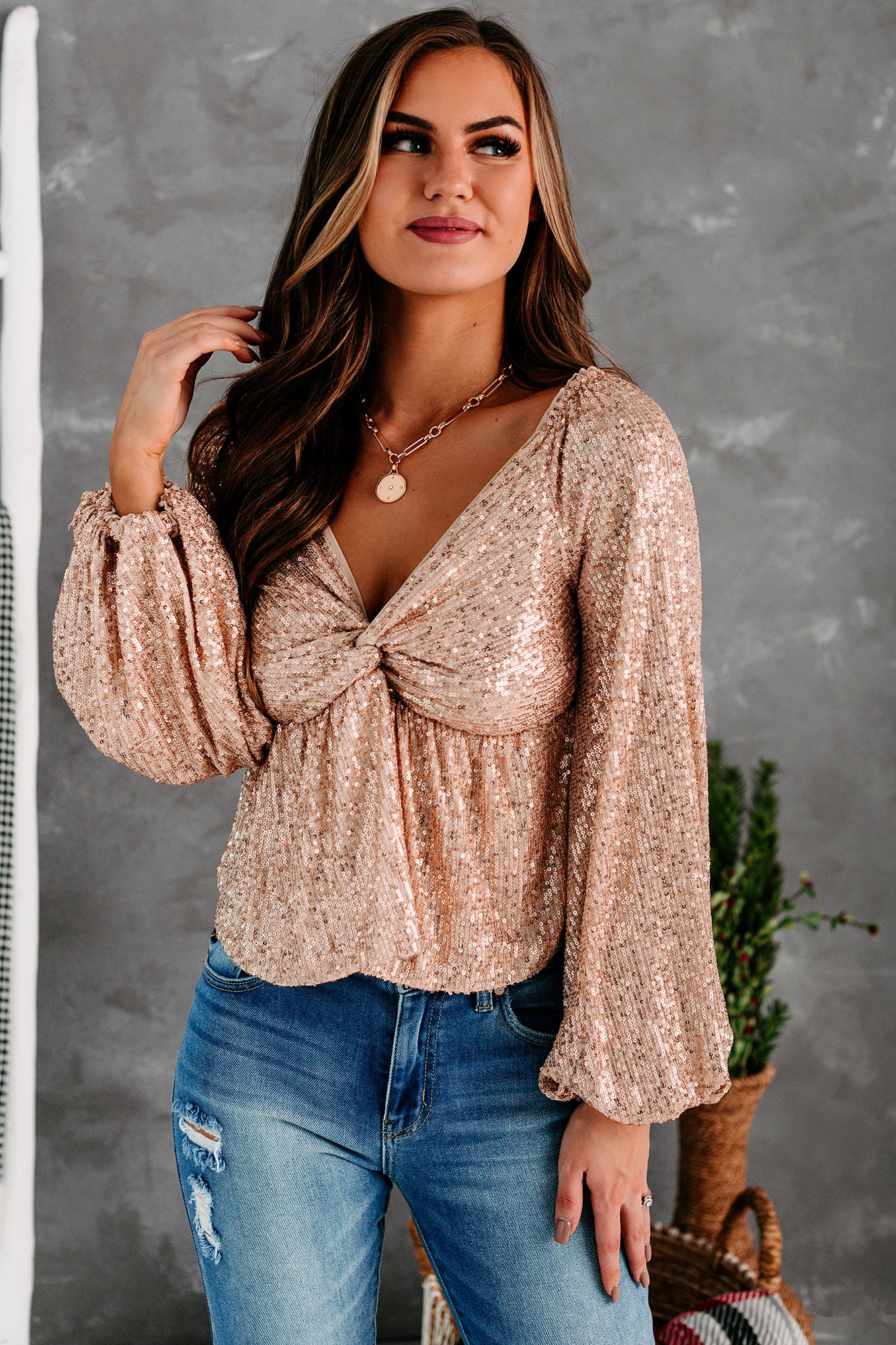Sparkle & Shine Sequin Balloon Sleeve Top (Champagne)-The Formal Wear