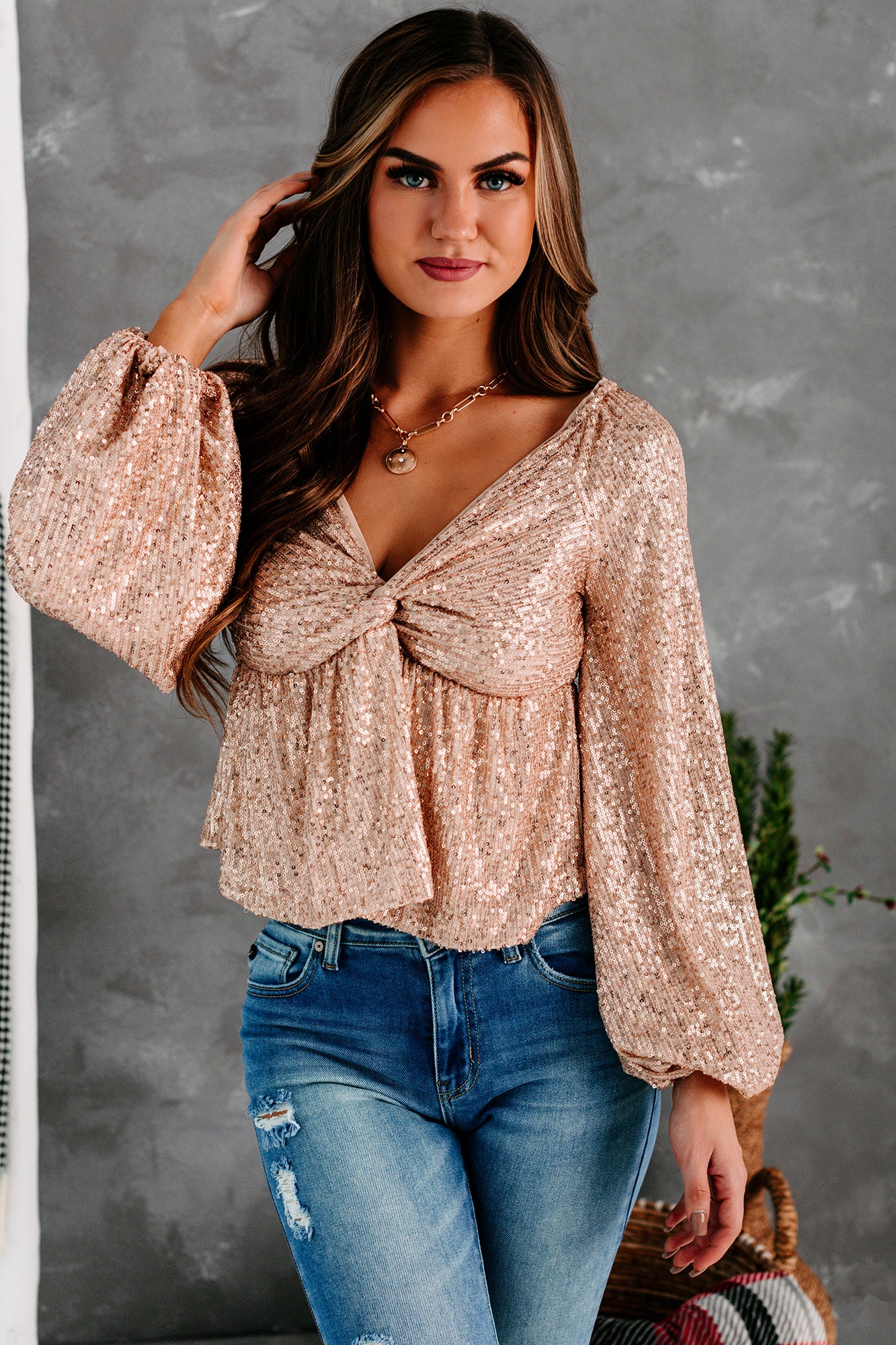 Sparkle & Shine Sequin Balloon Sleeve Top (Champagne)-The Formal Wear