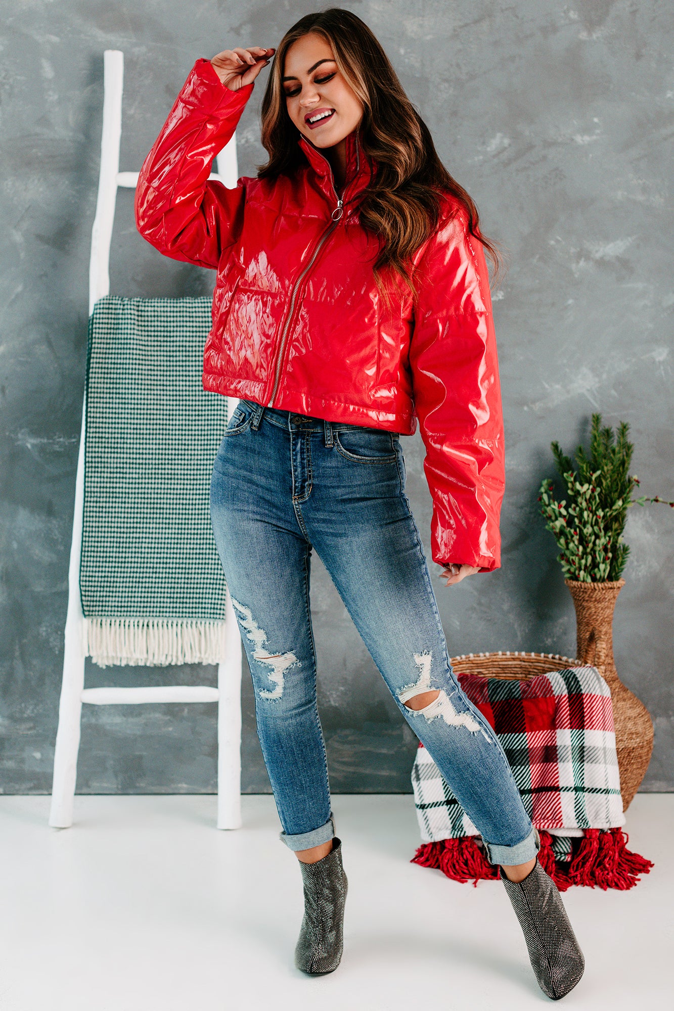 Not That Innocent Patent Leather Puffer Jacket (Red)-The Formal Wear