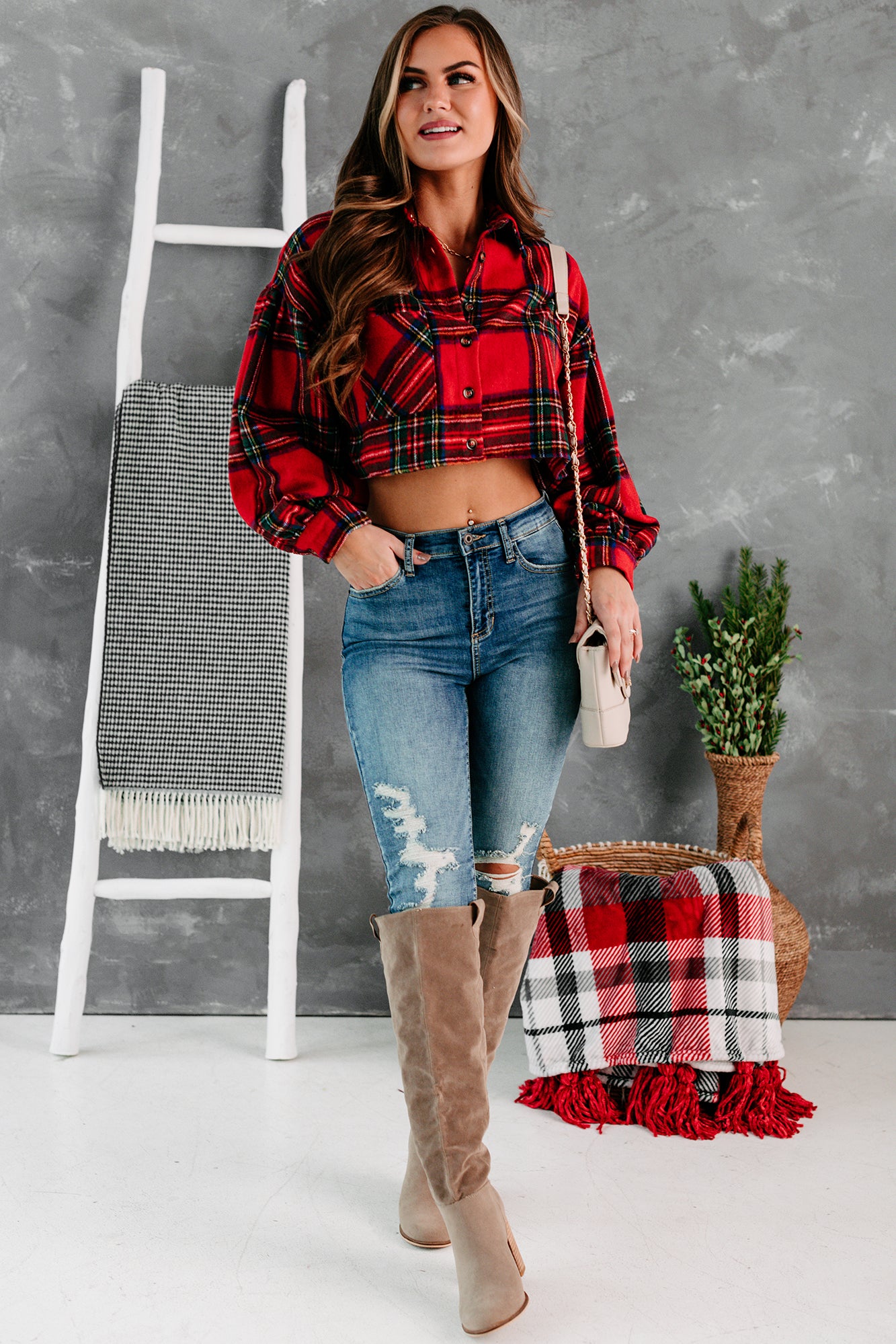 Small But Mighty Cropped Plaid Button-Down (Red)-The Formal Wear