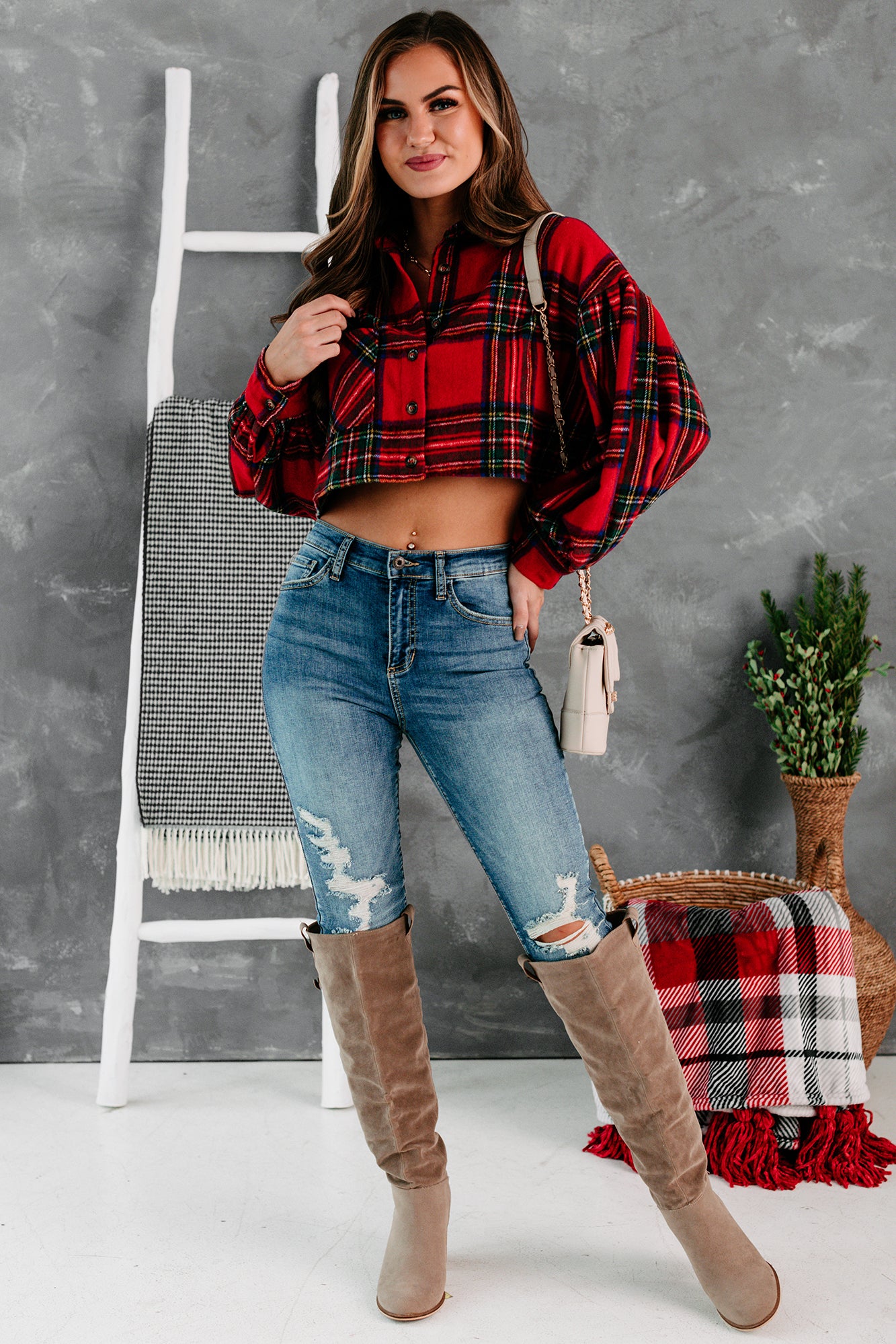 Small But Mighty Cropped Plaid Button-Down (Red)-The Formal Wear