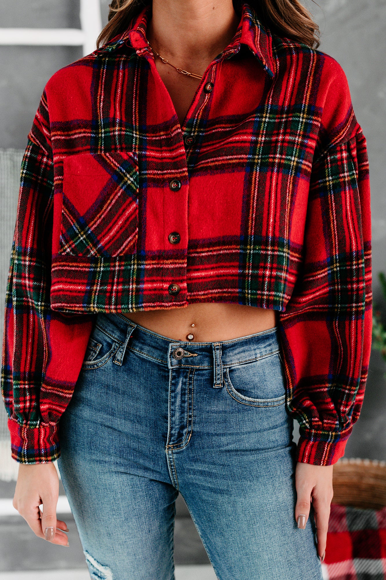 Small But Mighty Cropped Plaid Button-Down (Red)-The Formal Wear
