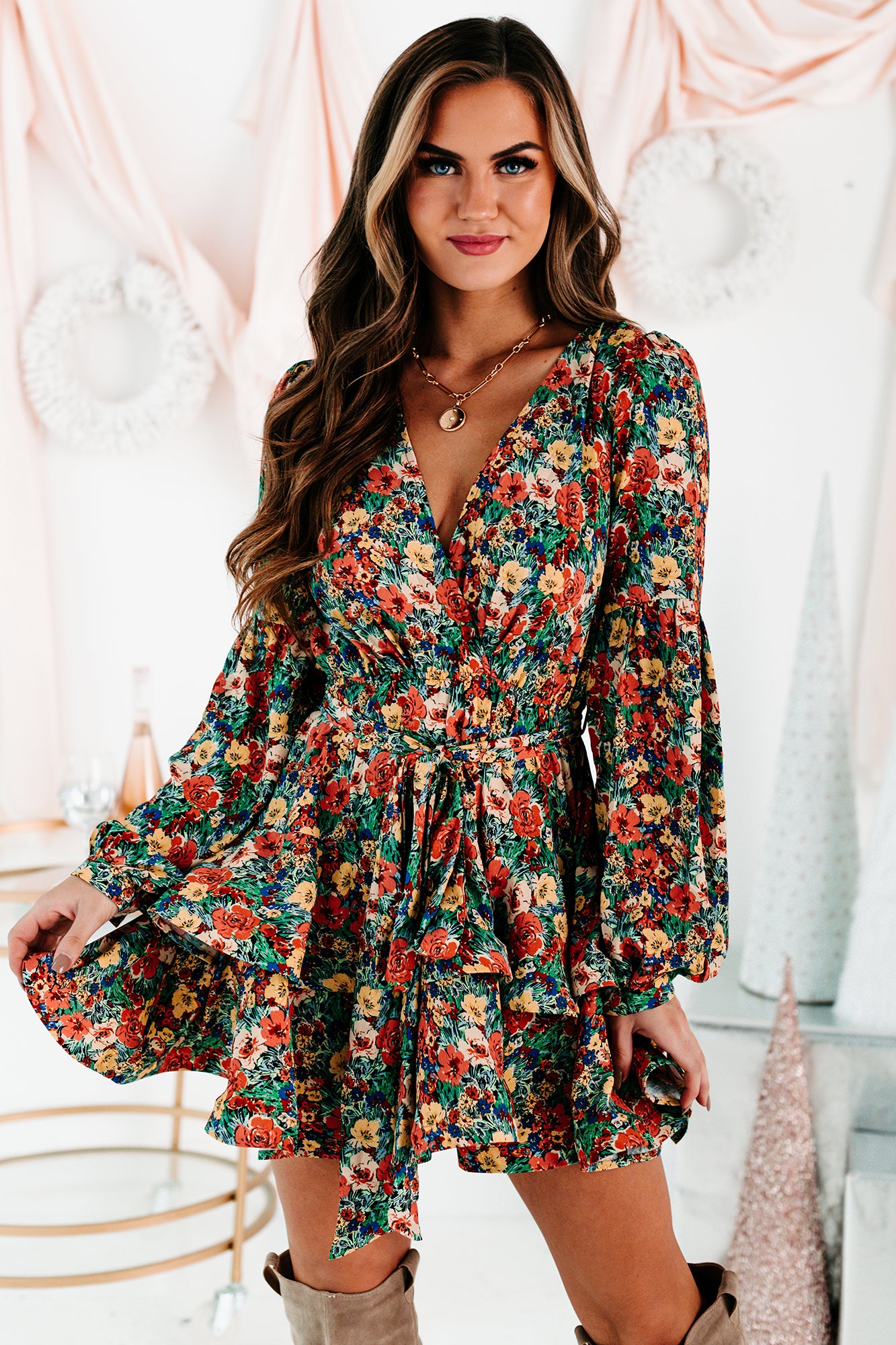 Planting Roots Ruffled Floral Mini Dress (Green Multi)-The Formal Wear