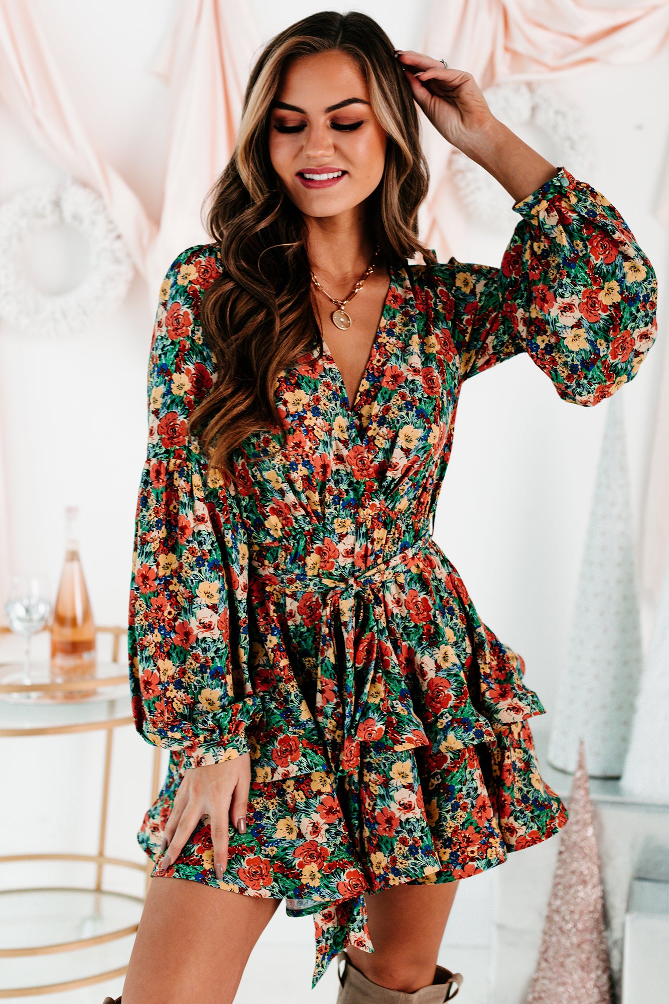 Planting Roots Ruffled Floral Mini Dress (Green Multi)-The Formal Wear