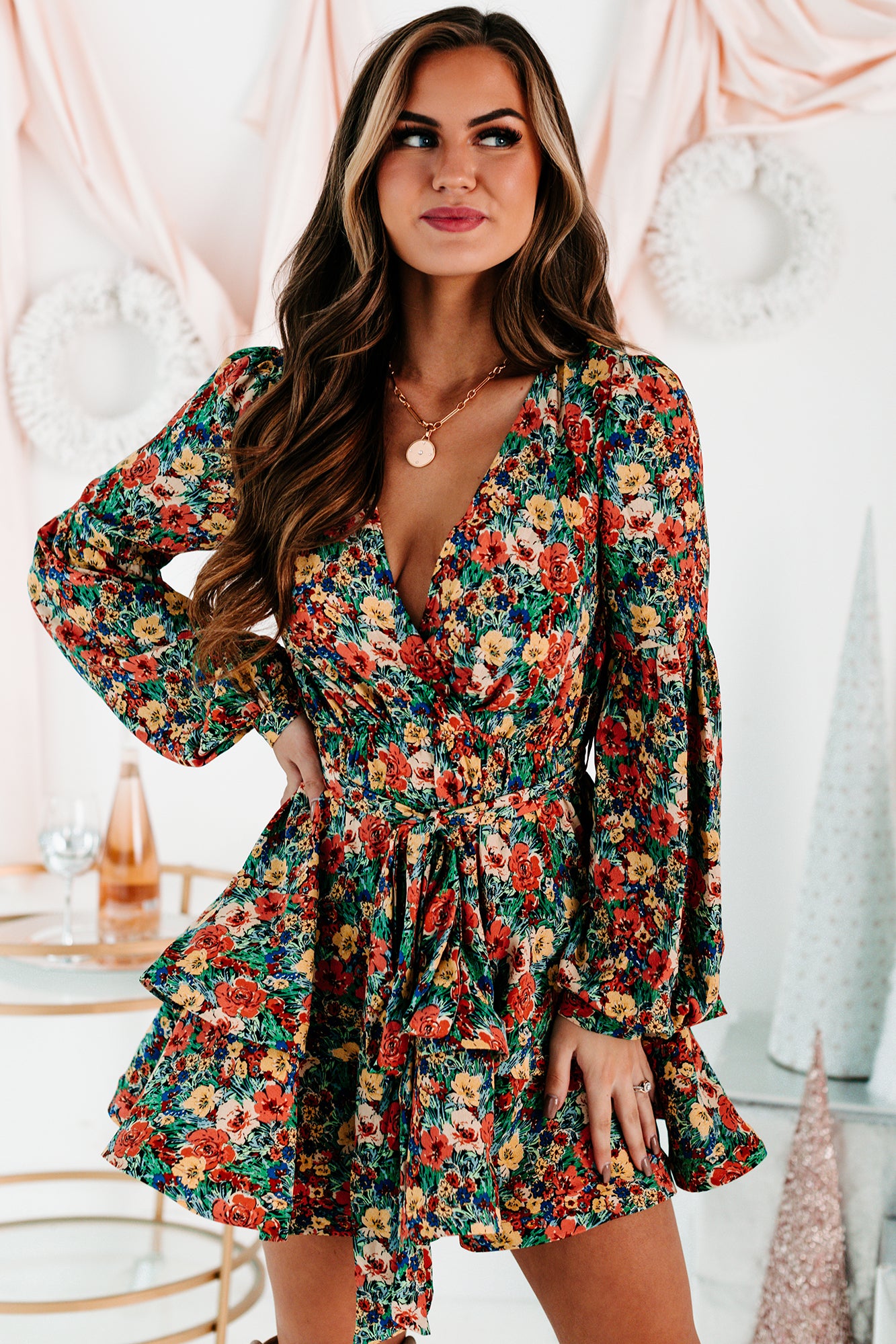 Planting Roots Ruffled Floral Mini Dress (Green Multi)-The Formal Wear