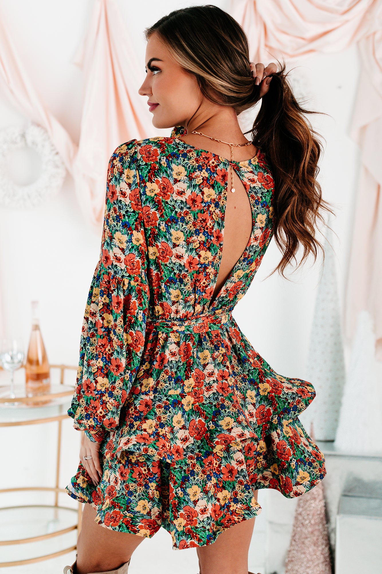 Planting Roots Ruffled Floral Mini Dress (Green Multi)-The Formal Wear