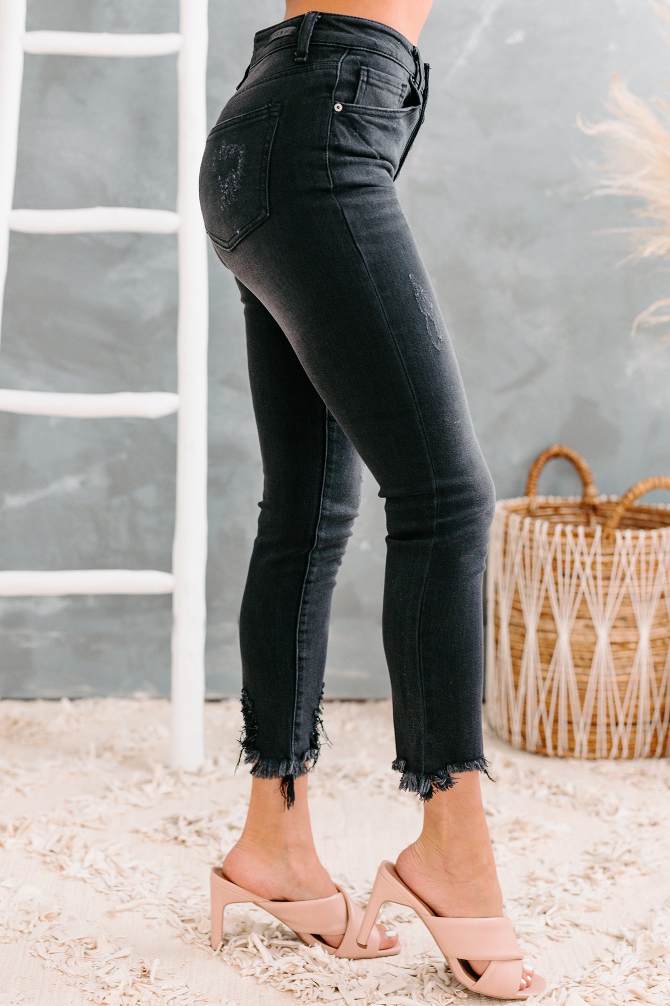 Cambria Mid-Rise Button-Fly Raw Hem Skinny Risen Jeans (Black)-The Formal Wear