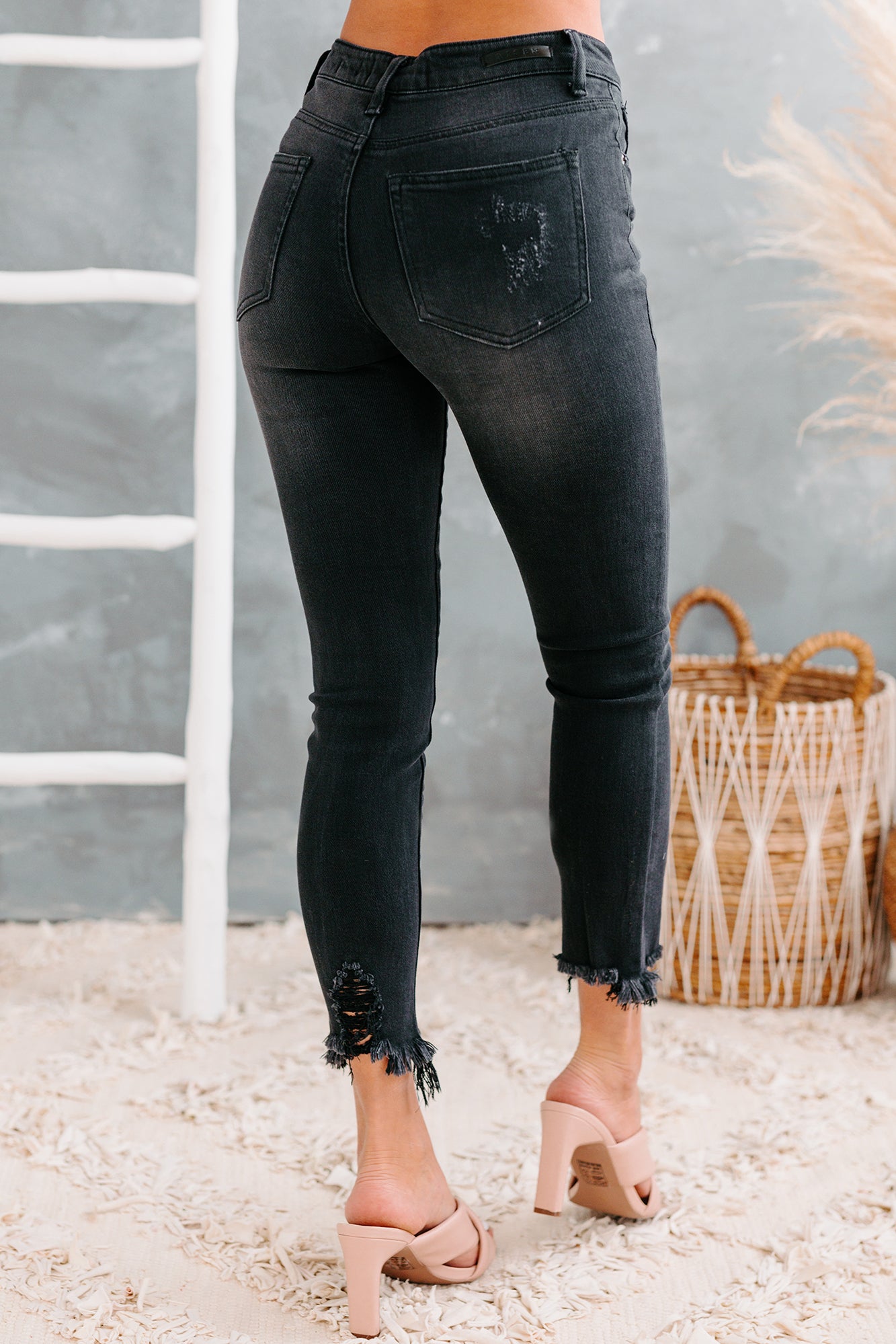 Cambria Mid-Rise Button-Fly Raw Hem Skinny Risen Jeans (Black)-The Formal Wear