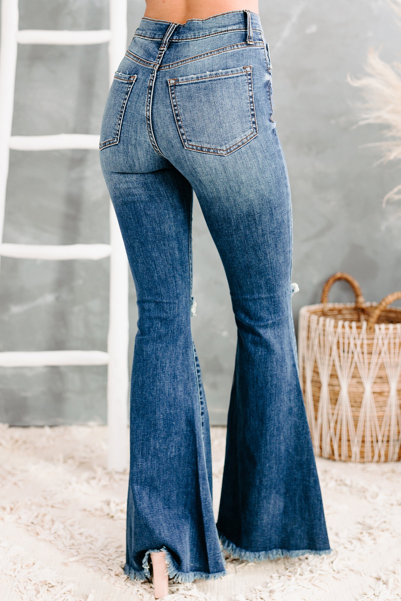 All Flared Up Distressed High Rise Flared Sneak Peek Jeans (Medium Dark)-The Formal Wear