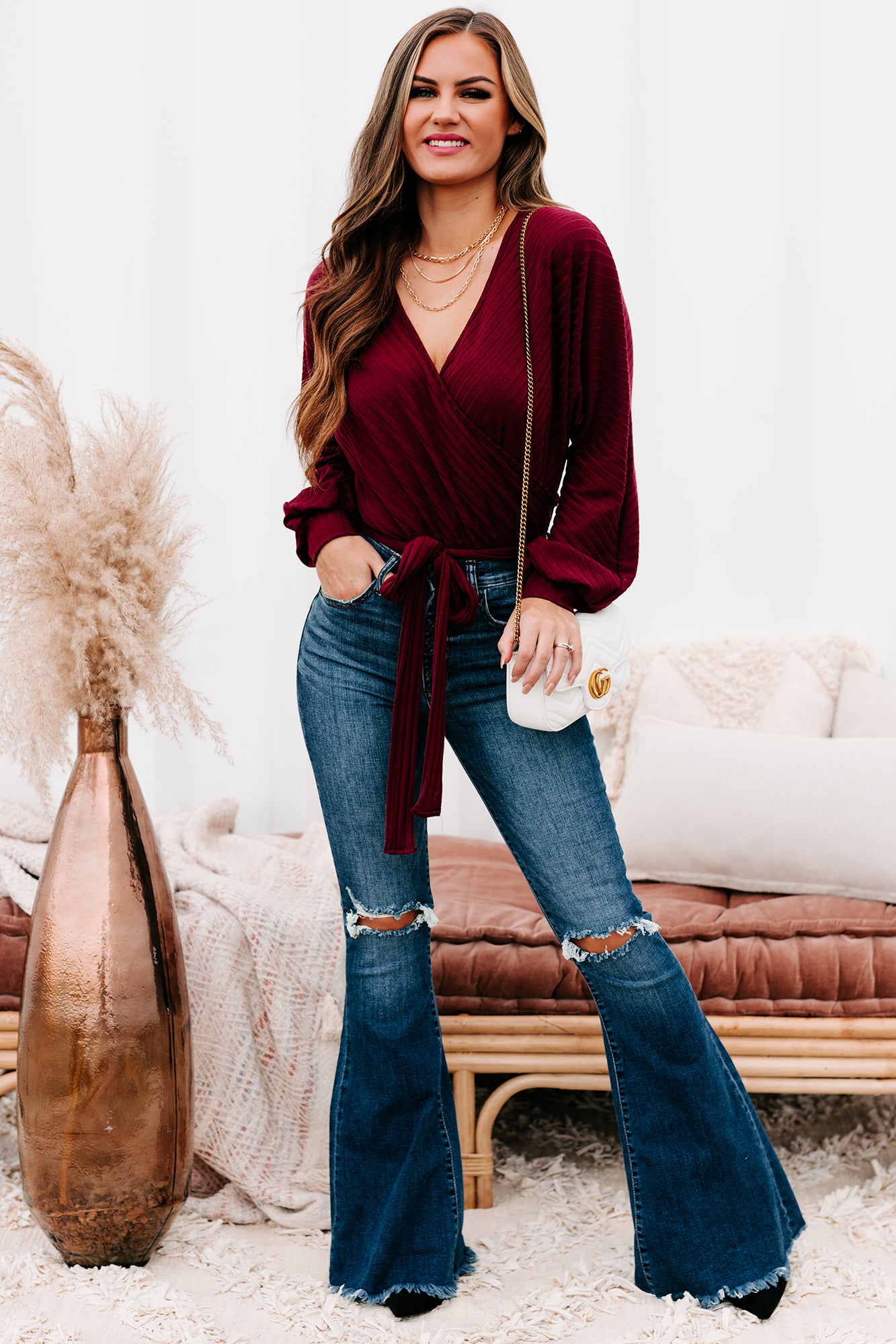 All Flared Up Distressed High Rise Flared Sneak Peek Jeans (Medium Dark)-The Formal Wear