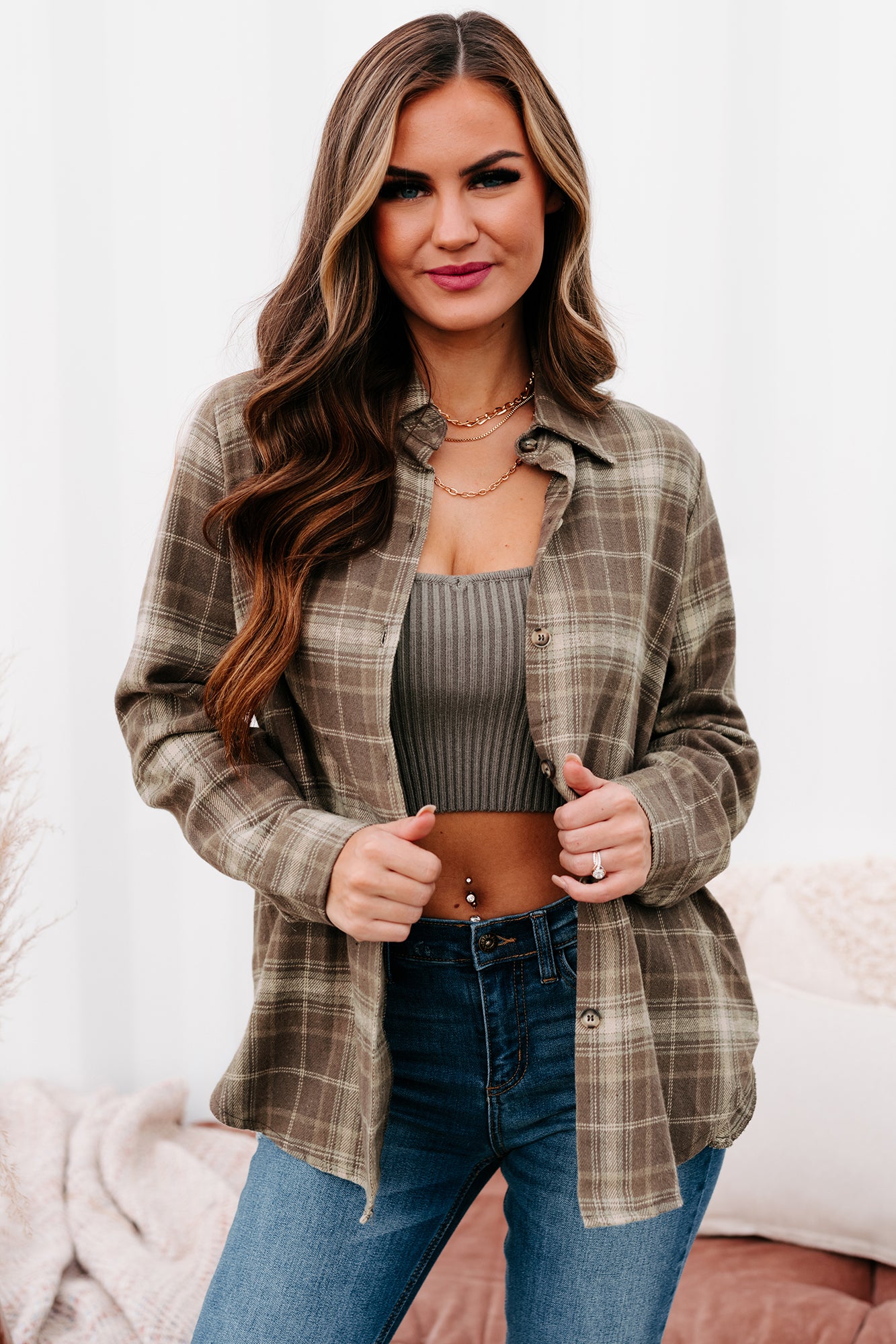 Bringing On Autumn Plaid Button Front Flannel Top (Brown)-The Formal Wear