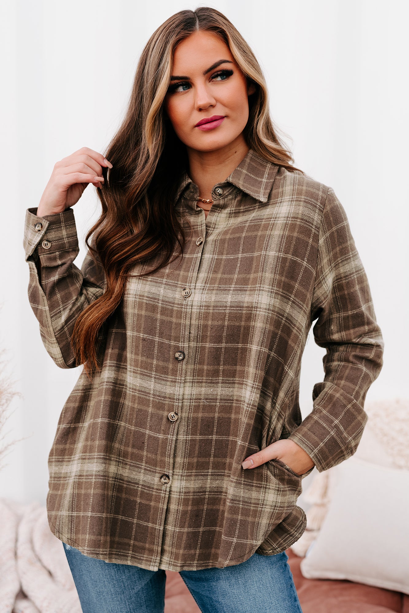 Bringing On Autumn Plaid Button Front Flannel Top (Brown)-The Formal Wear