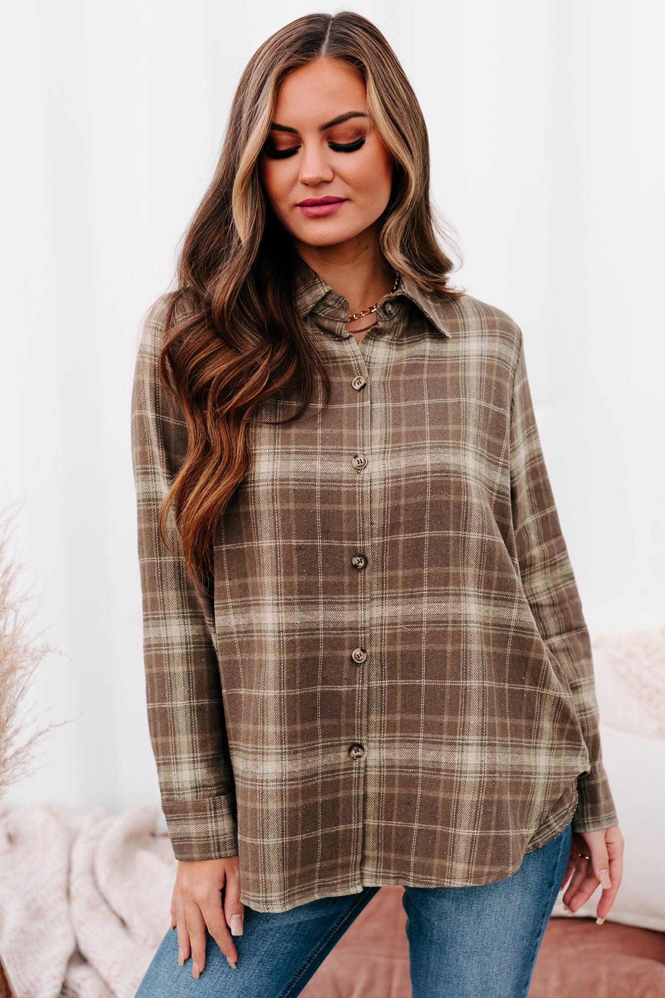 Bringing On Autumn Plaid Button Front Flannel Top (Brown)-The Formal Wear