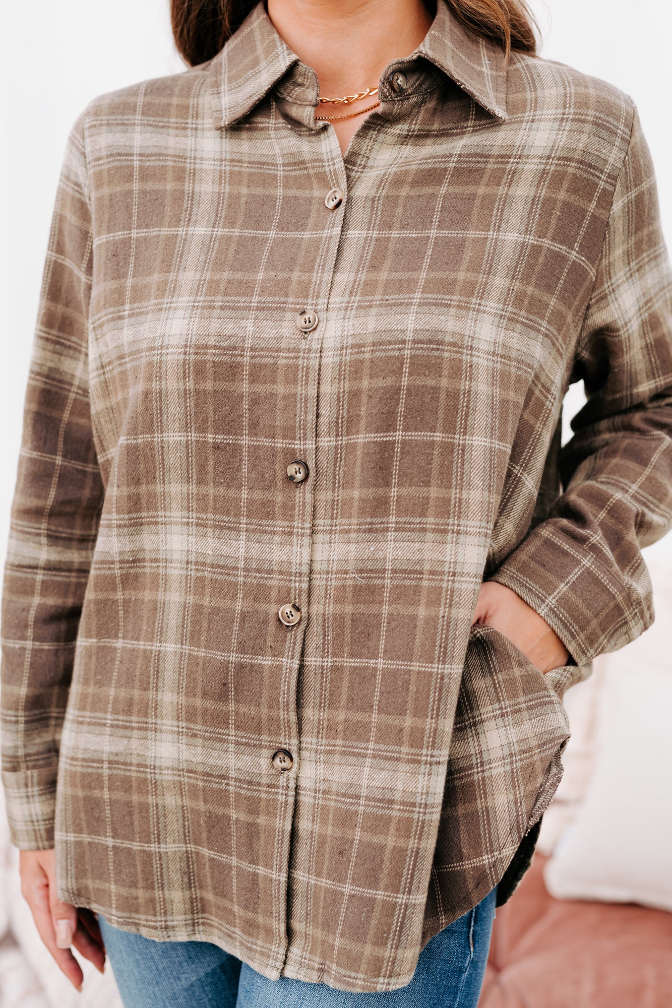 Bringing On Autumn Plaid Button Front Flannel Top (Brown)-The Formal Wear