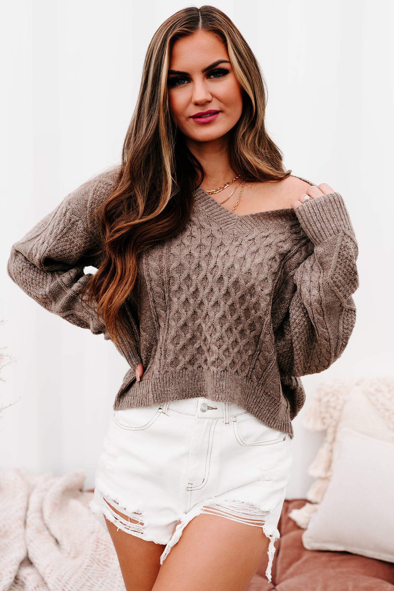 Cabin Cozy V-Neck Cable Knit Sweater (Mocha)-The Formal Wear