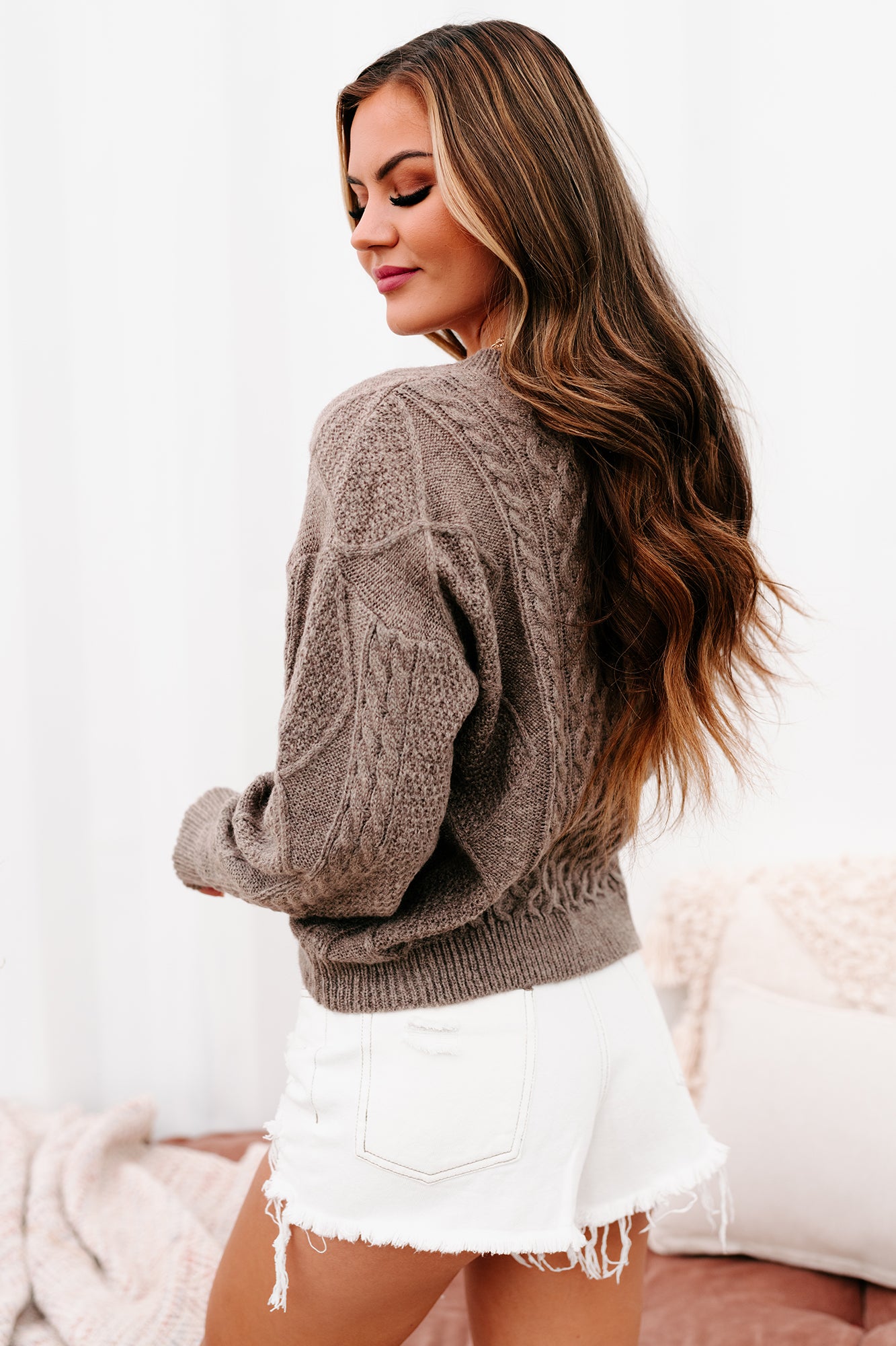 Cabin Cozy V-Neck Cable Knit Sweater (Mocha)-The Formal Wear