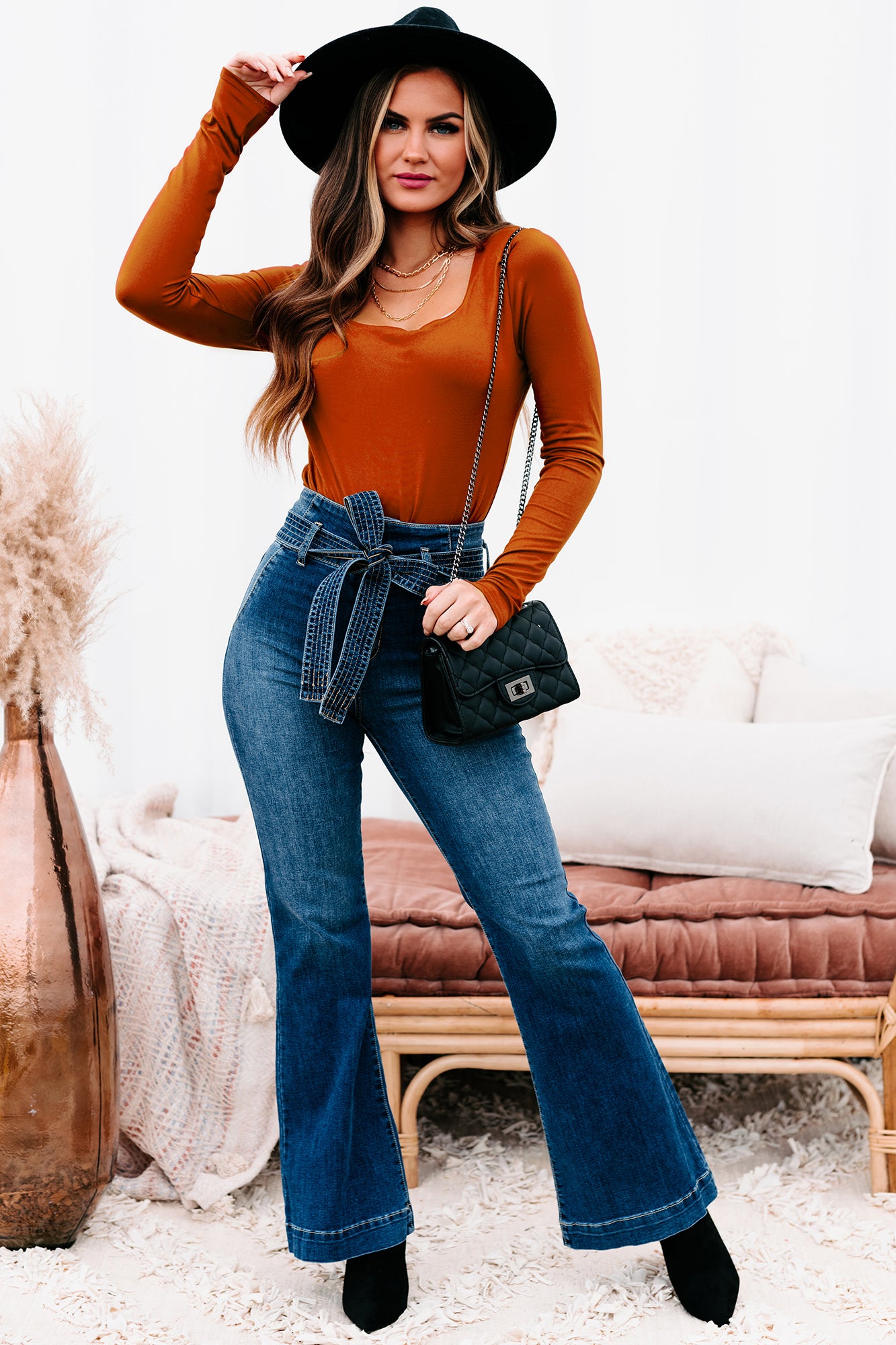 Meet & Greet Sneak Peek High Rise Belted Flare Jeans (Medium Dark)-The Formal Wear