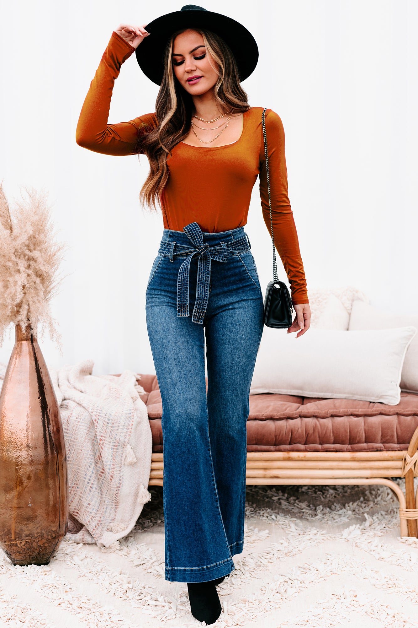 Meet & Greet Sneak Peek High Rise Belted Flare Jeans (Medium Dark)-The Formal Wear