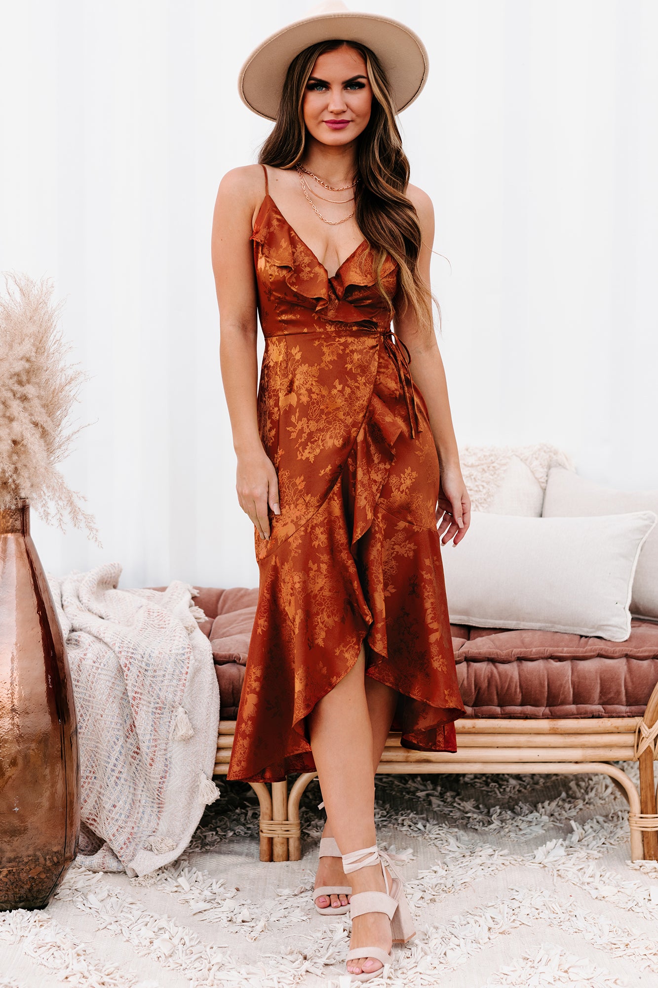 Cocktails & Confidence High-Low Ruffled Wrap Dress (Rust)-The Formal Wear