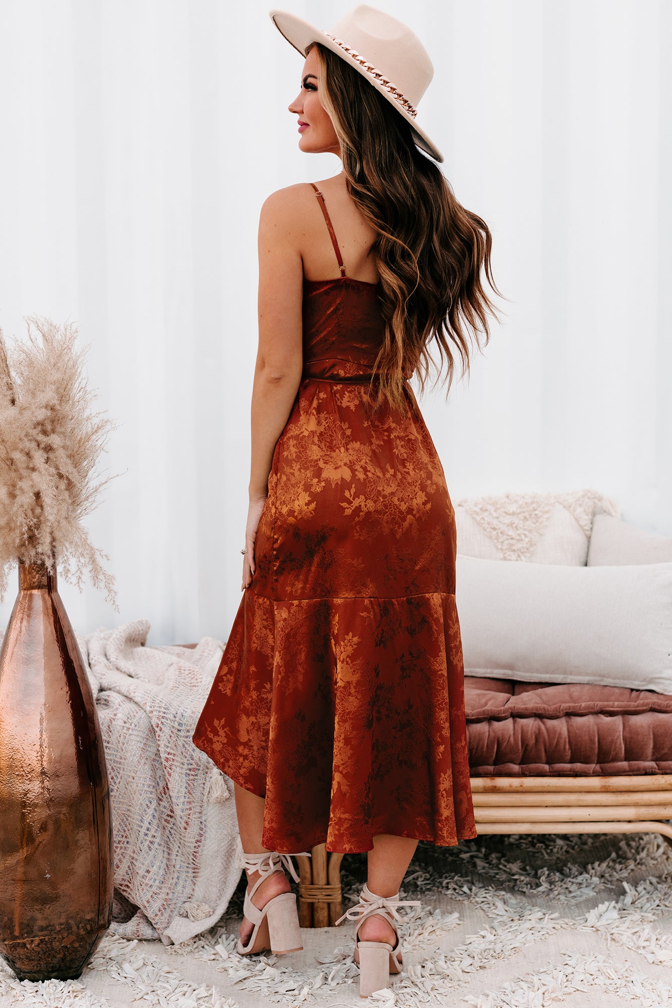 Cocktails & Confidence High-Low Ruffled Wrap Dress (Rust)-The Formal Wear