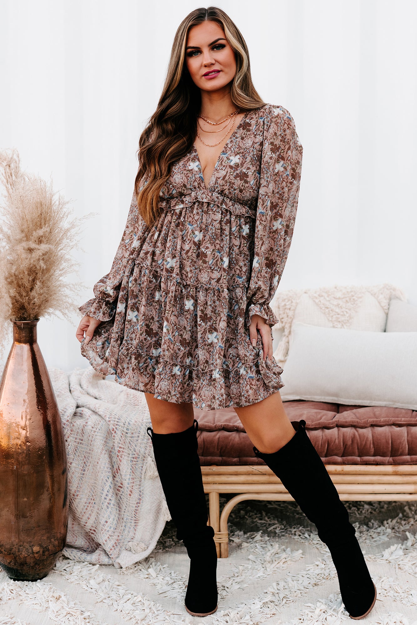 Before We Met Open Back Floral Mini Dress (Mocha)-The Formal Wear