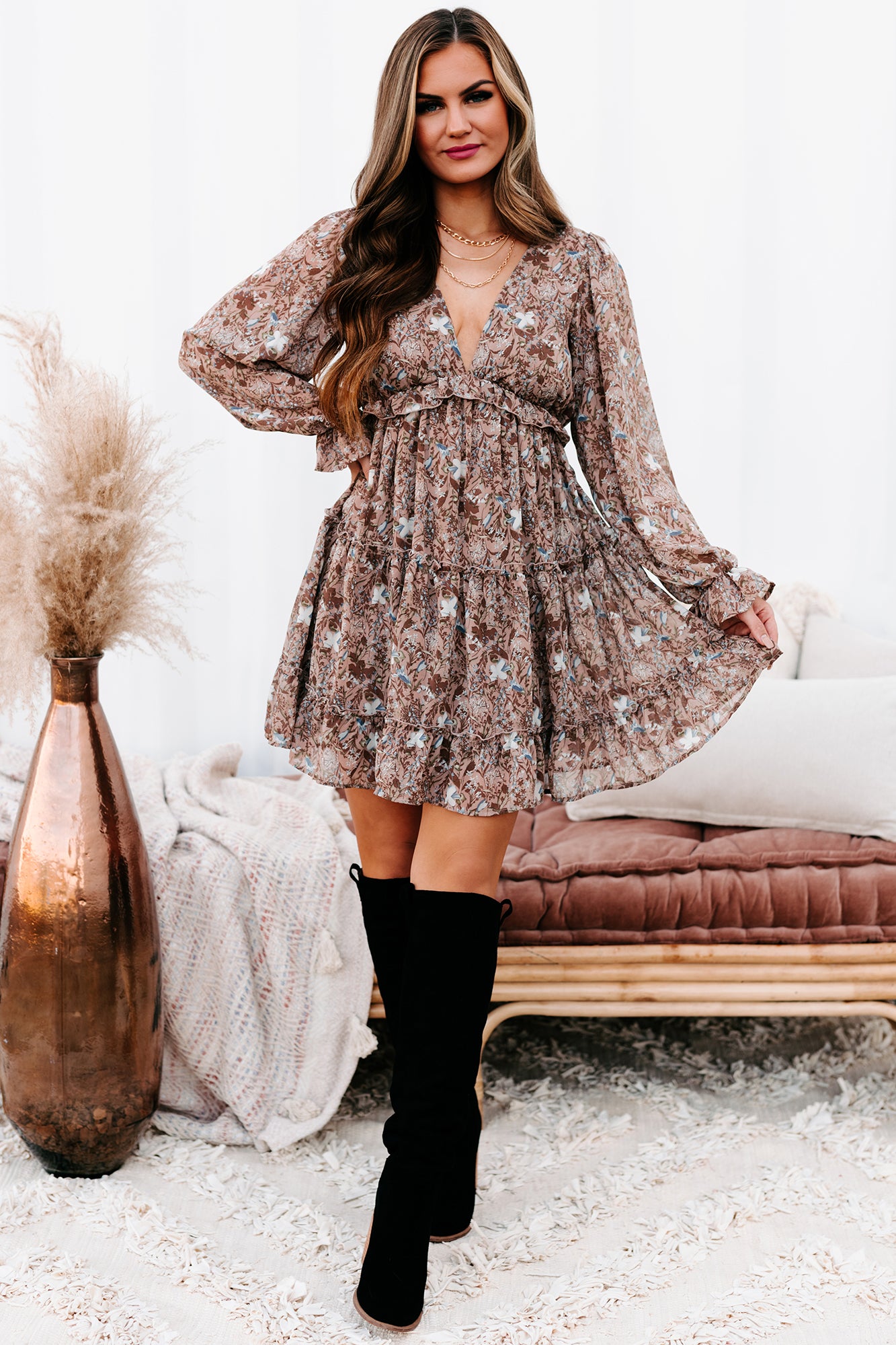 Before We Met Open Back Floral Mini Dress (Mocha)-The Formal Wear